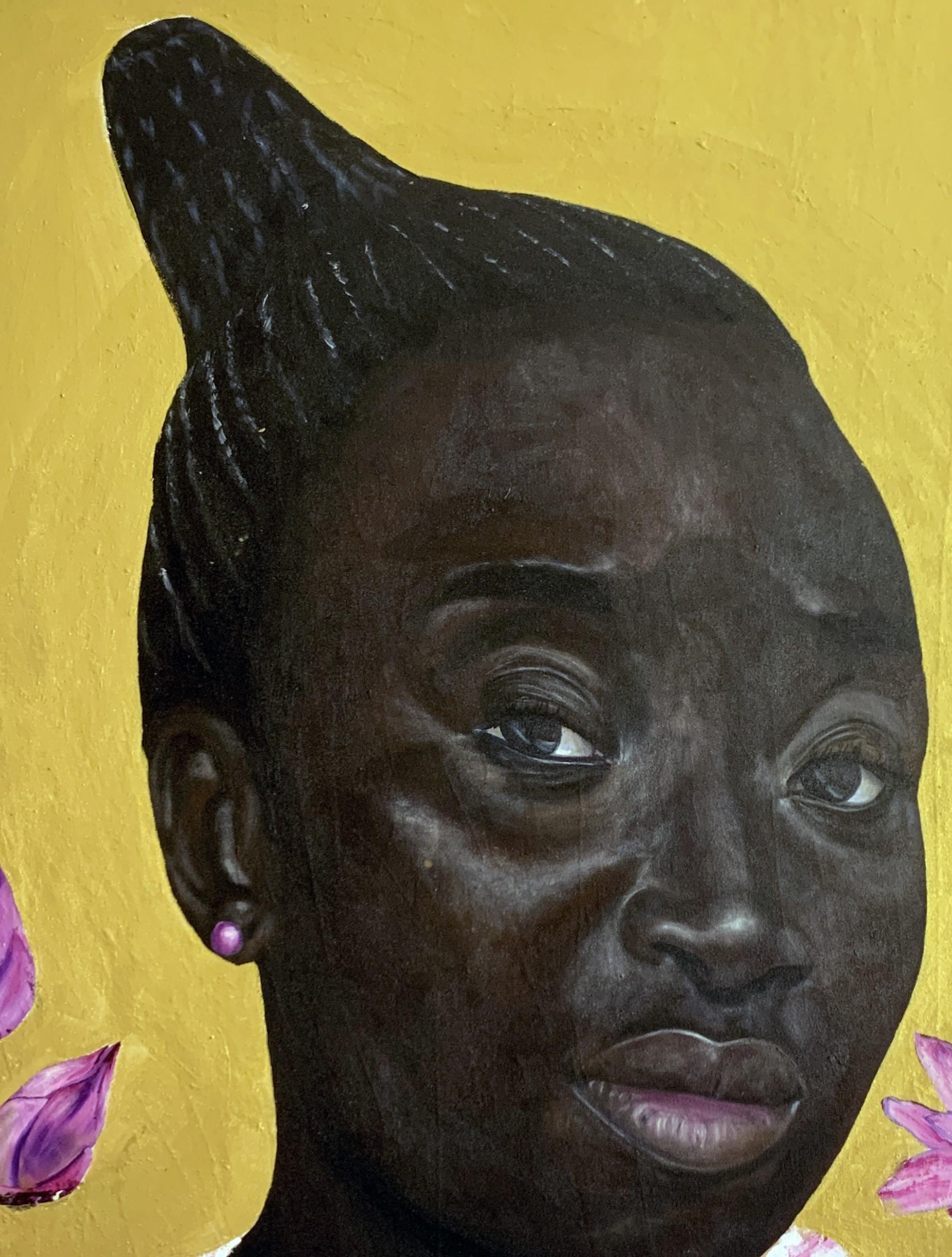 Asake Bee Keeper - Ritratto simbolico africano in tecnica mista (olio e acrilico) in vendita 5