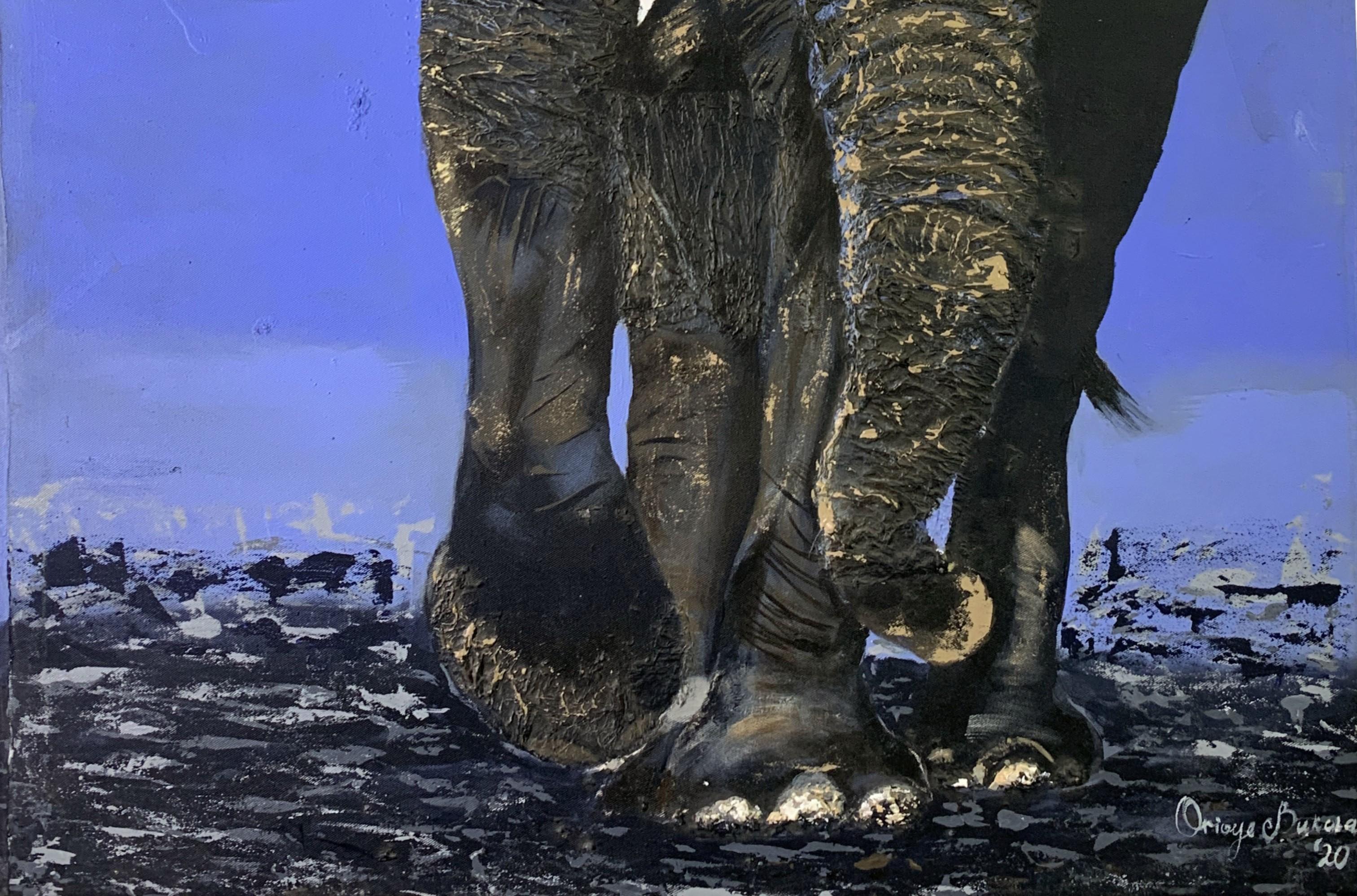 Sie ist ein überragendes Symbol für Erinnerung, Stärke und stille Weisheit. Der Elefant, der mit reichhaltigen Texturen und tiefen Kontrasten dargestellt ist, beherrscht die Komposition und tritt mit Anmut und Autorität hervor. Die goldenen Streifen