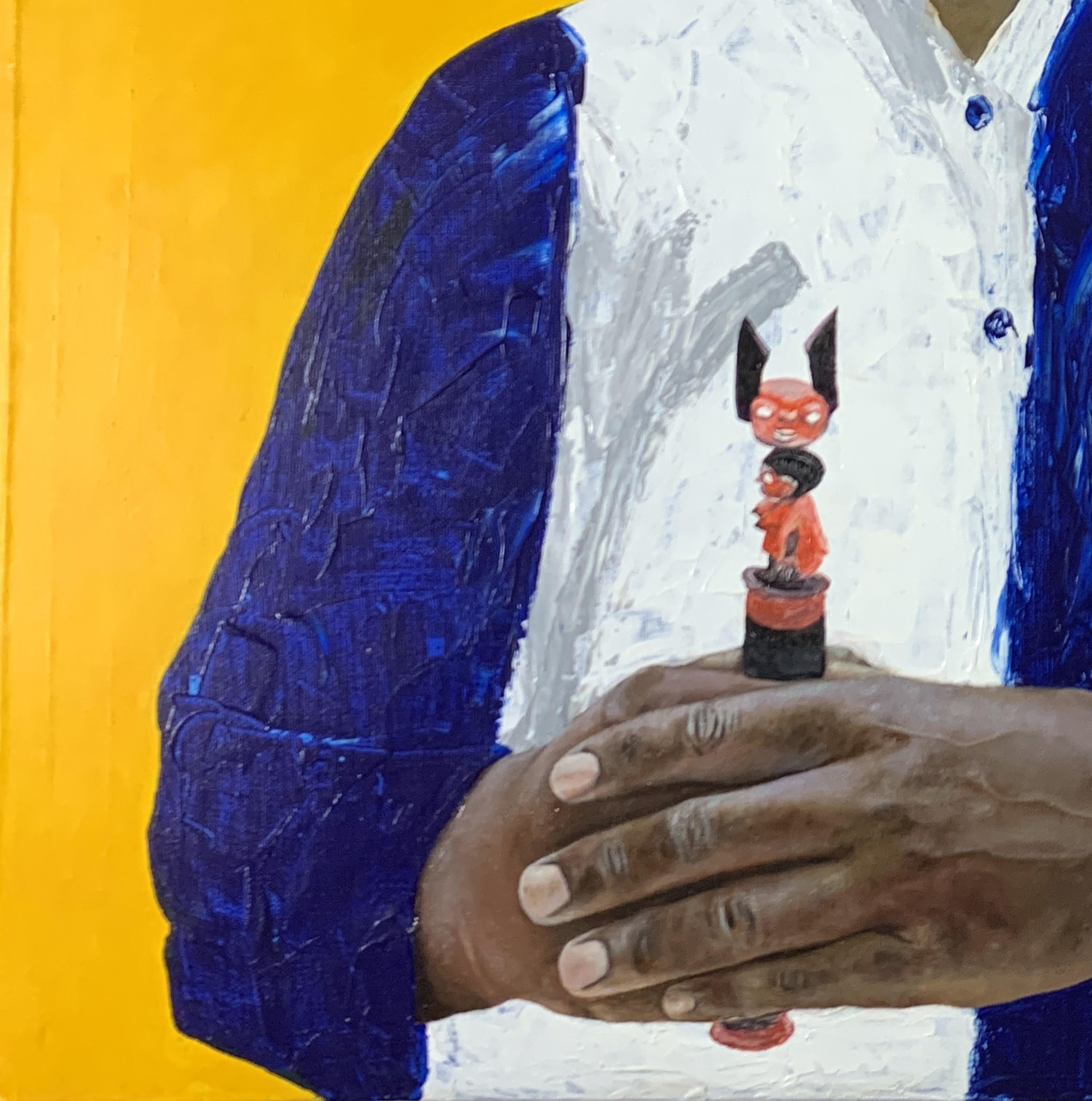 Babatunde (Reinkarnation) - gelber Hintergrund Afrikanische Porträtmalerei (Realismus), Mixed Media Art, von Bukola Orioye