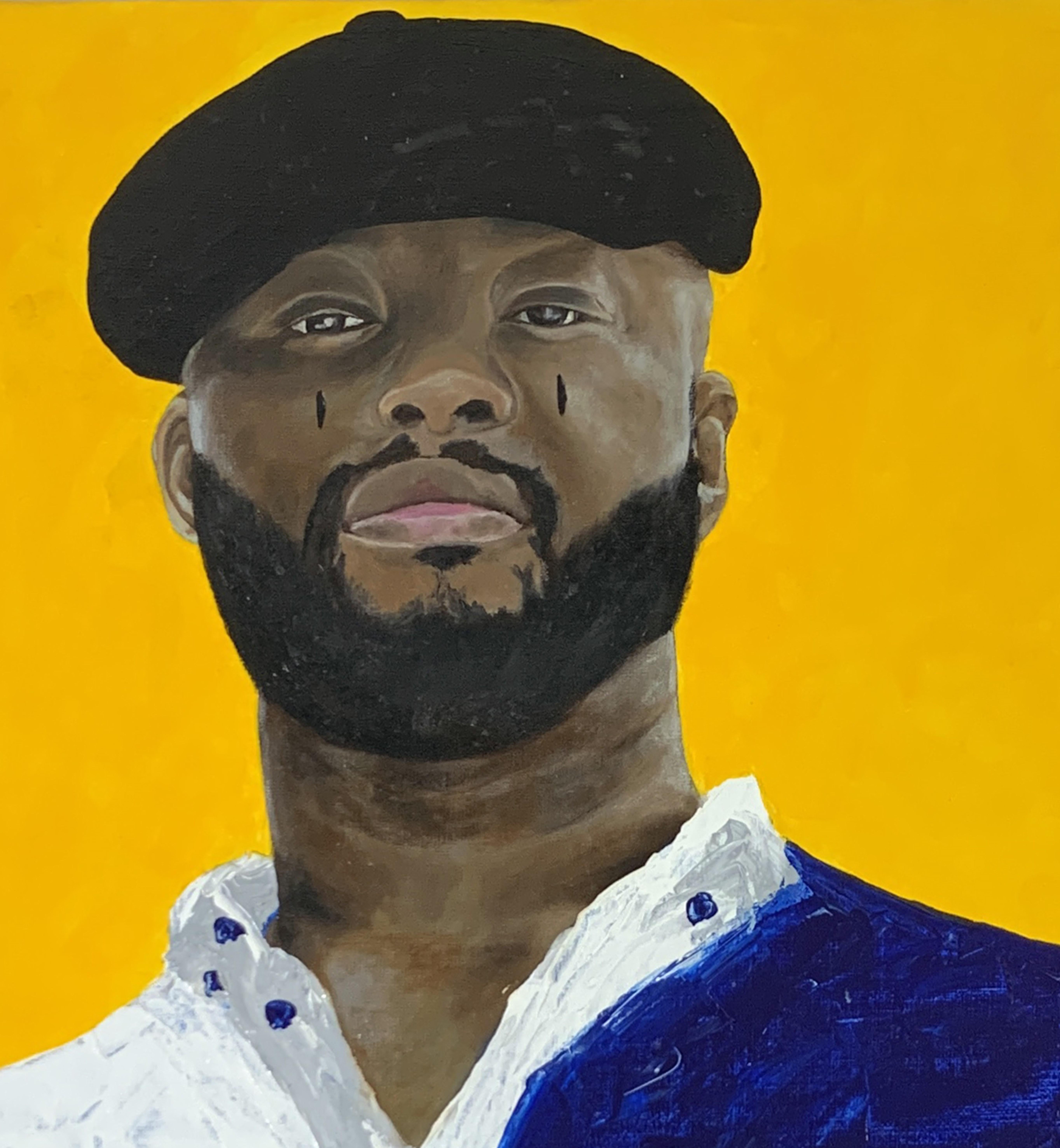 Babatunde (Reinkarnation) - gelber Hintergrund Afrikanische Porträtmalerei im Angebot 1
