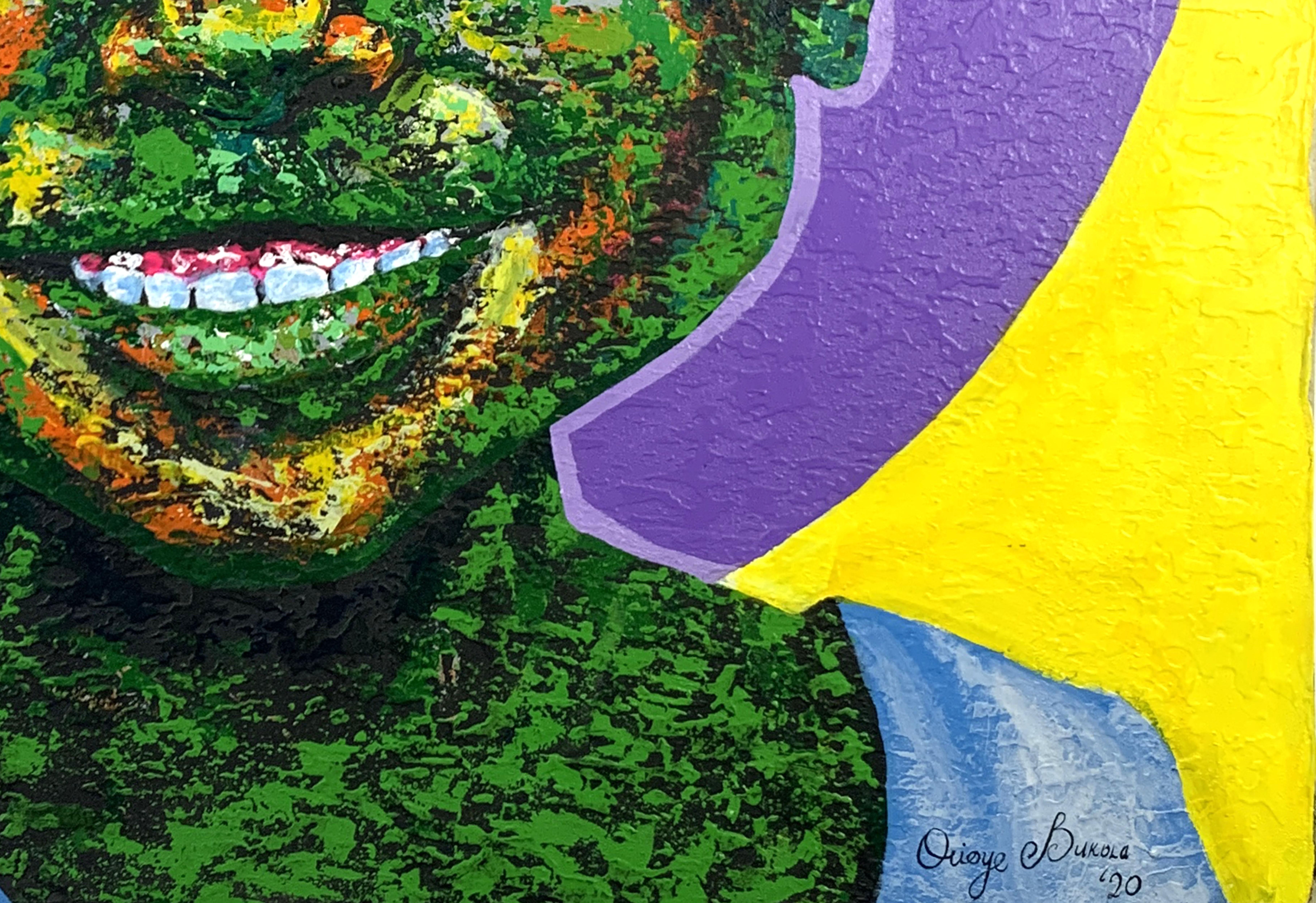 This captivating painting by Bukola Orioye, Radiant Innocence, is a bold celebration of joy, purity, and hope. What makes this piece truly unique is its striking use of unconventional color, the subject’s face rendered in textured layers of green,