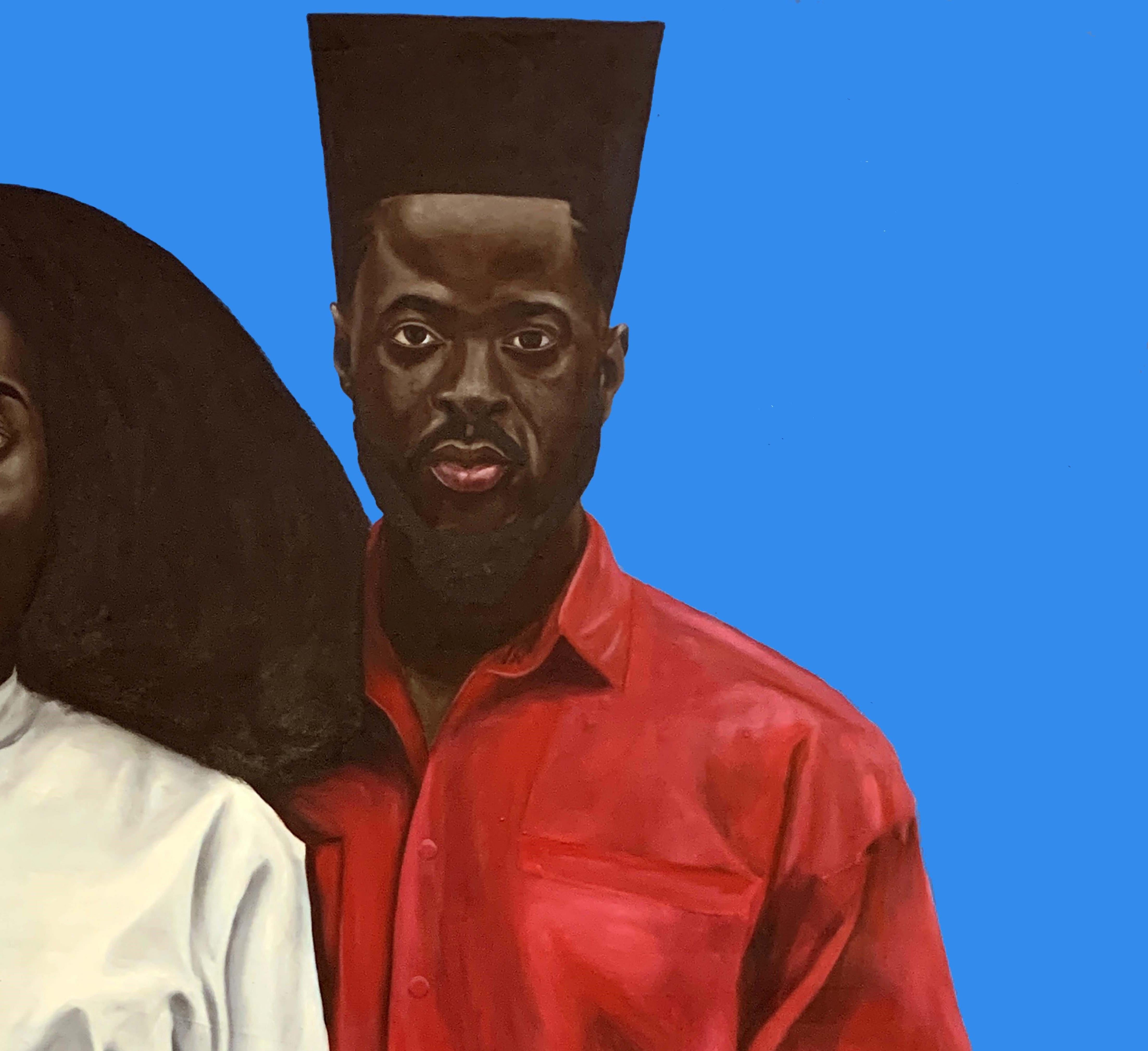 Emanzipation - Blauer Hintergrund afrozentrische figurative Malerei (Impressionismus), Painting, von Bukola Orioye