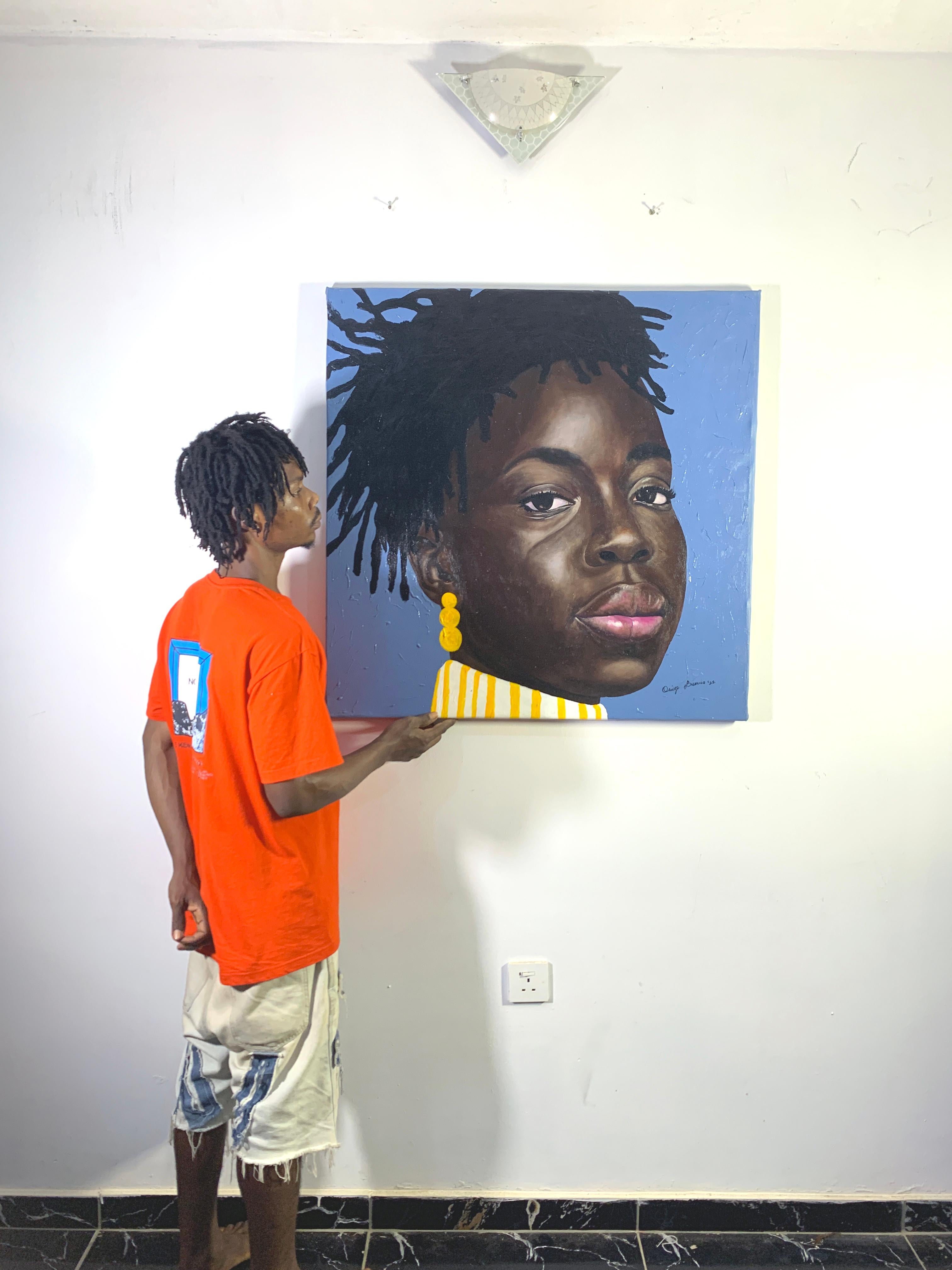 Jetzt trage ich mich selbst
Originalgemälde von Bukola Orioye
Nigeria, 2022
Öl und Acryl auf Leinwand
Abmessungen: 36in x 36in

Beschreibung:
Now I Wear Myself ist ein intimes, kraftvolles Porträt, das die Schönheit der Selbstakzeptanz und den Stolz
