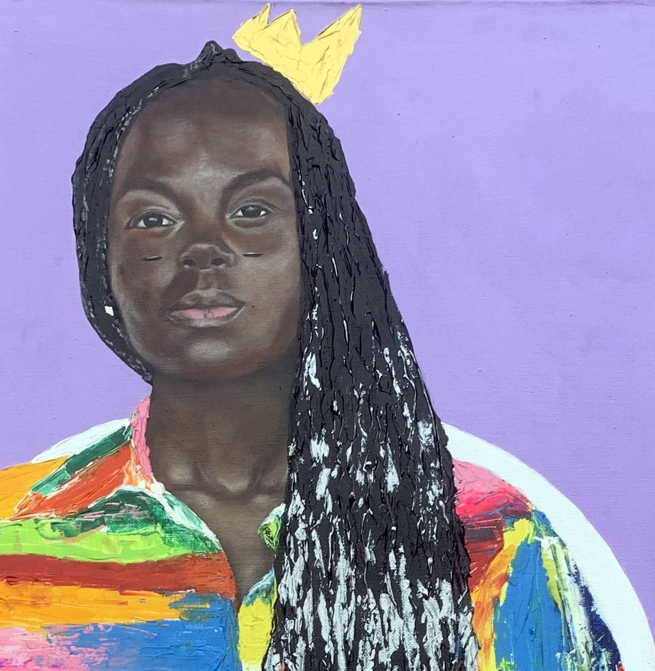 Yetunde - Pintura figurativa de una mujer africana en elegante postura sentada - Figurative Painting Gris de Bukola Orioye