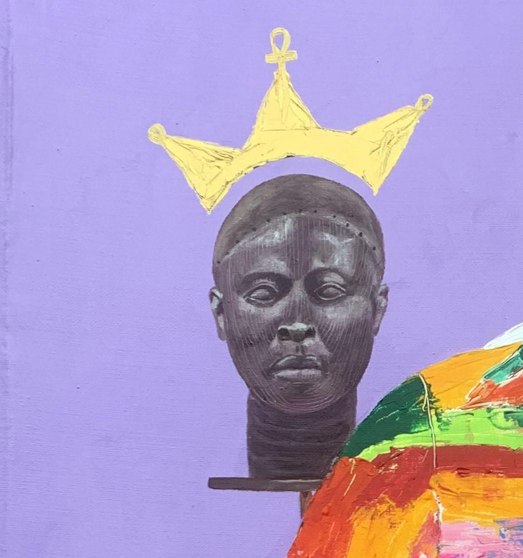 Yetunde (Reencarnación) es una audaz y regia celebración de la identidad, el linaje y la continuidad del espíritu. Lo que hace que esta pieza sea especialmente especial es su magistral fusión de realismo y vibrante abstracción, creada mediante