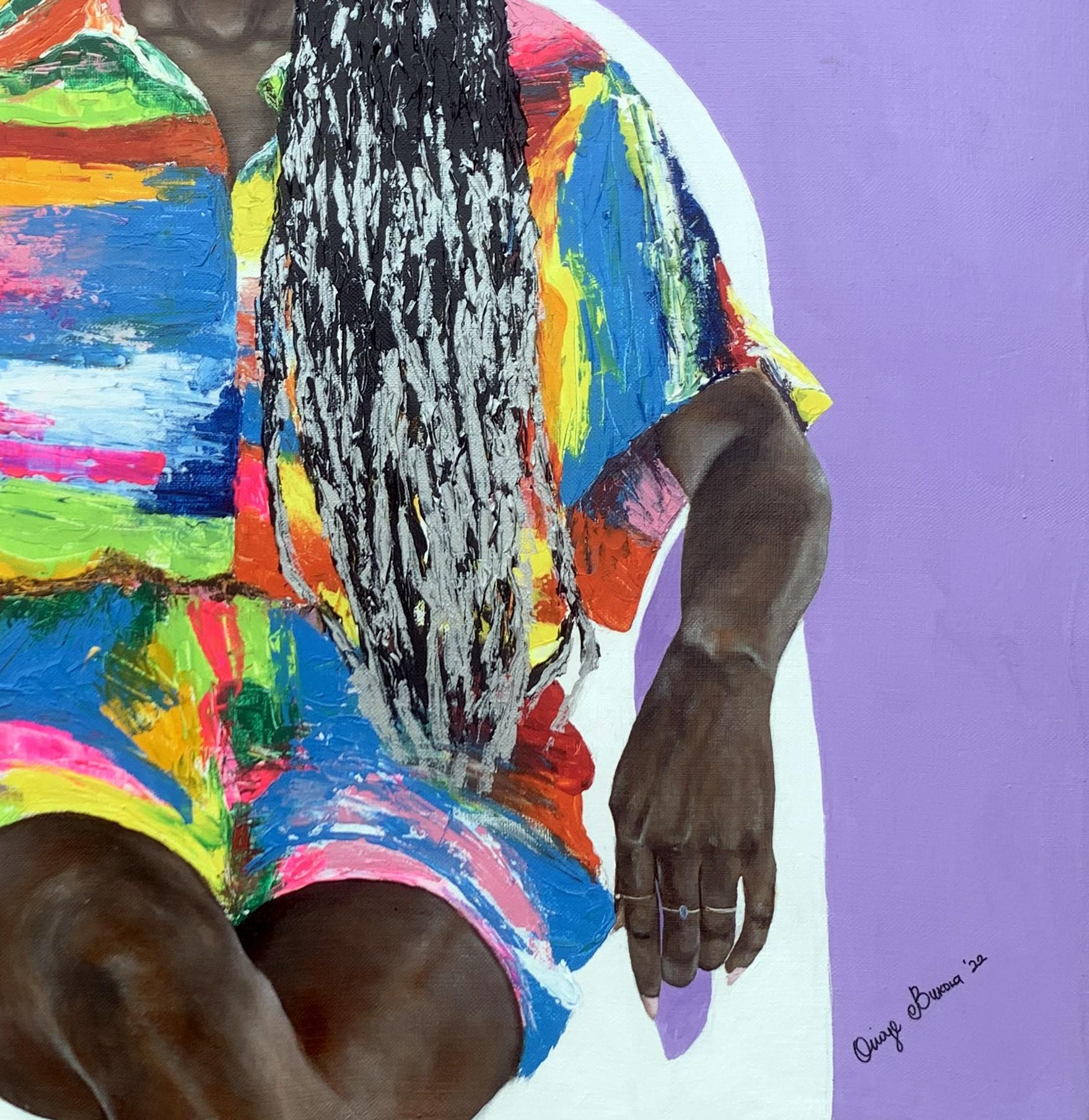 Yetunde - Pintura figurativa de una mujer africana en elegante postura sentada - Painting de Bukola Orioye