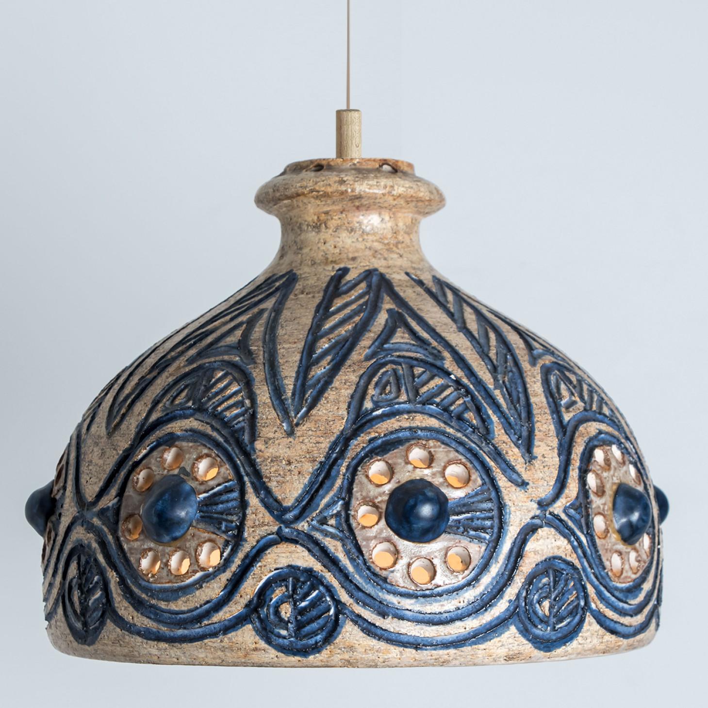 Late 20th Century Bulb Beige Blue Ceramic Pendant Light, Denmark, 1970 For Sale