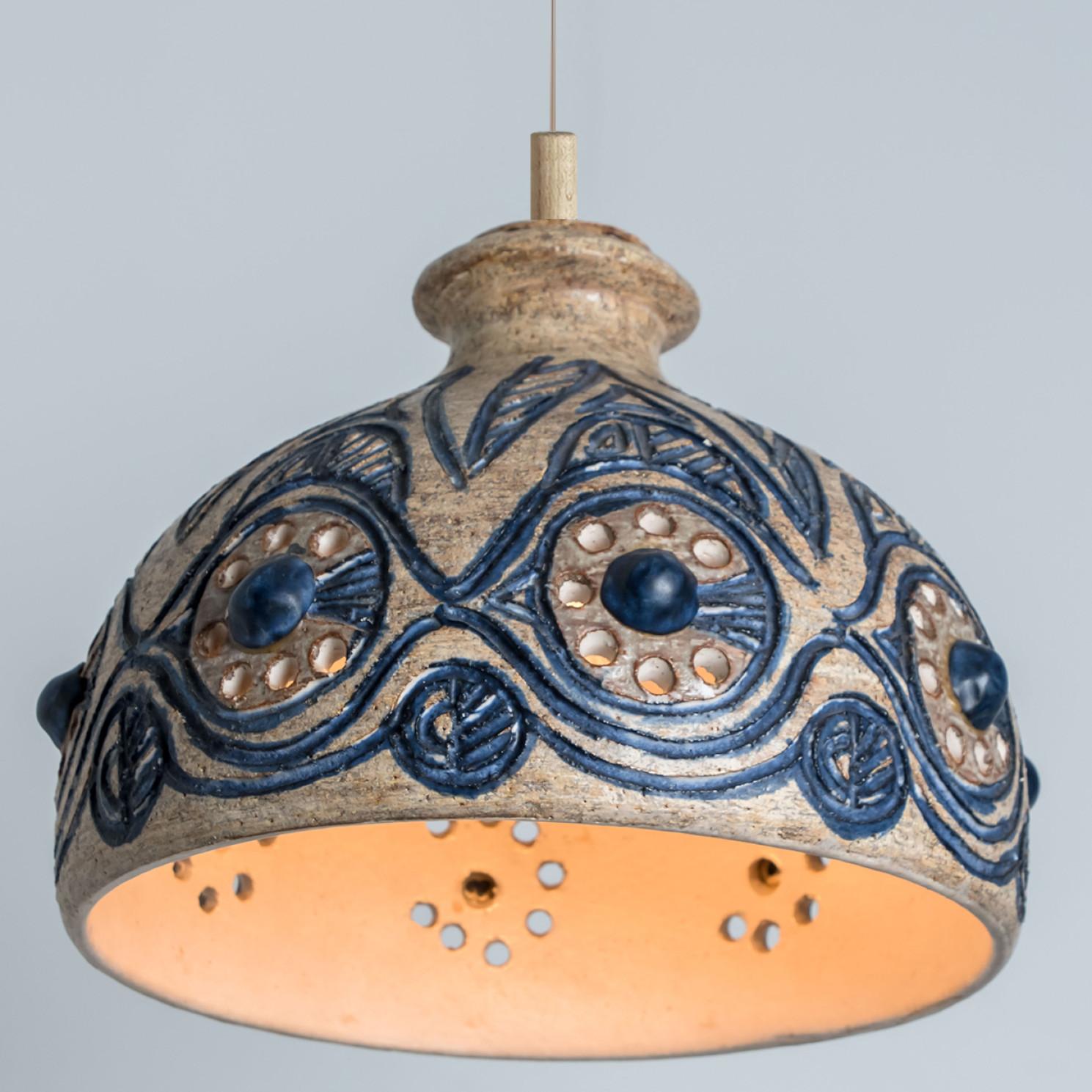 Bulb Beige Blue Ceramic Pendant Light, Denmark, 1970 For Sale 1