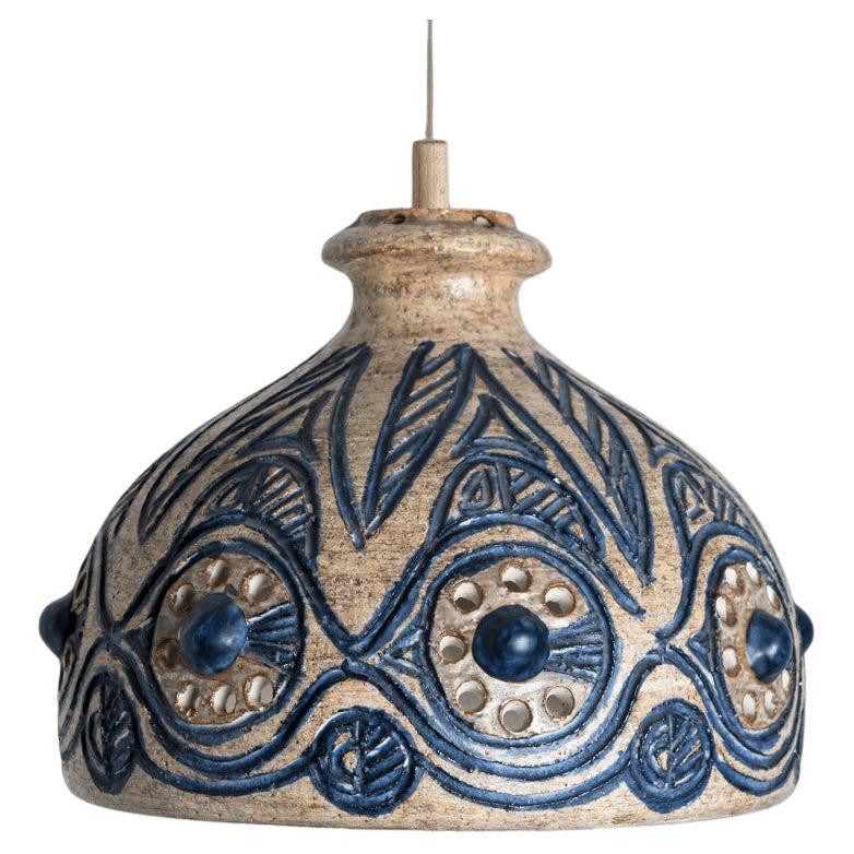 Bulb Beige Blue Ceramic Pendant Light, Denmark, 1970