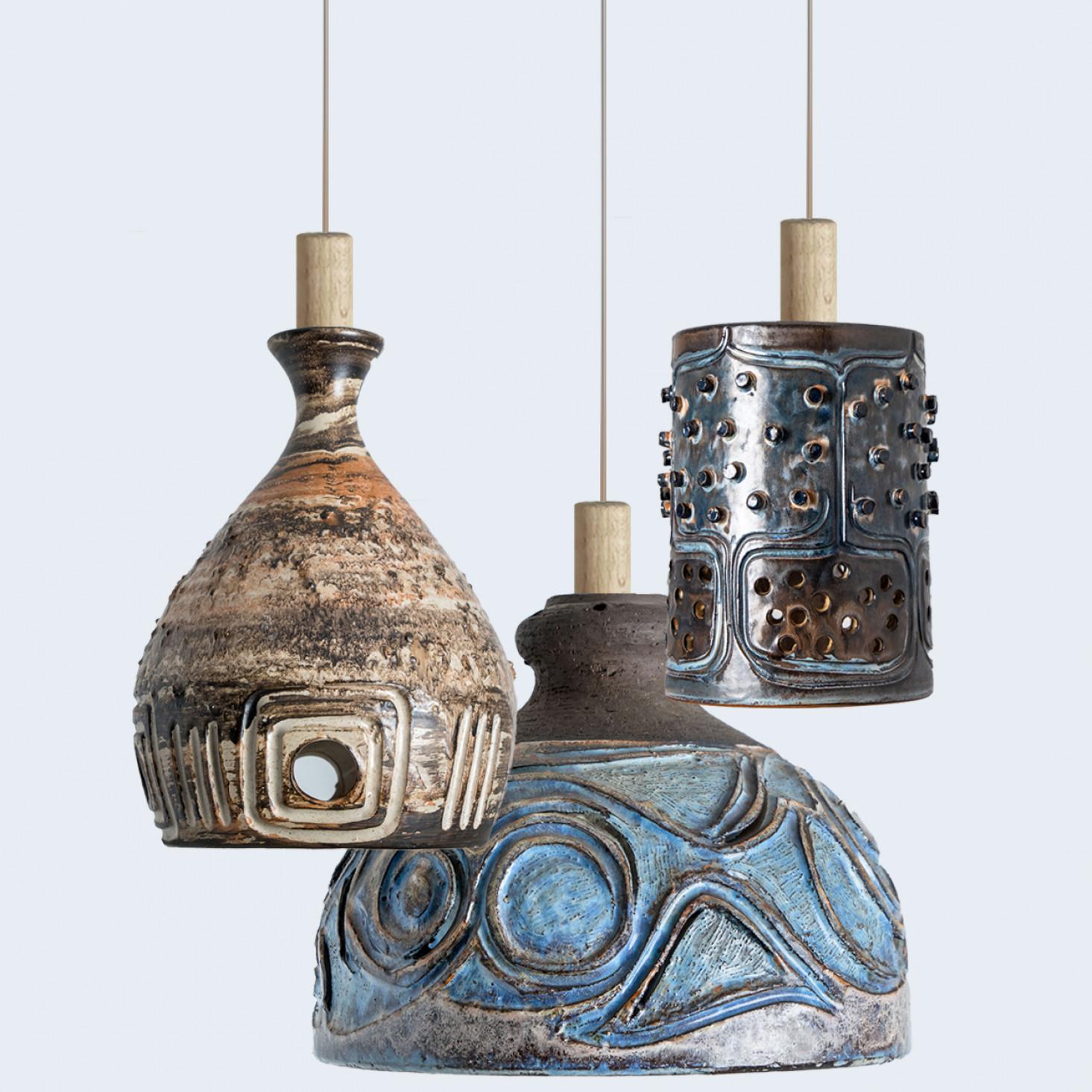 Bulb Brown Blue Ceramic Pendant Light, Denmark, 1970 For Sale 6