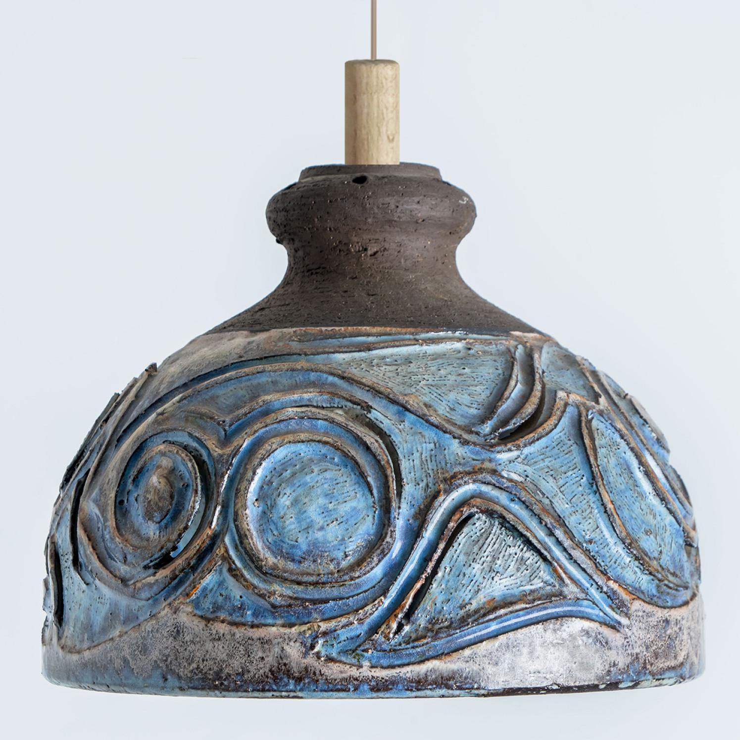 Other Bulb Brown Blue Ceramic Pendant Light, Denmark, 1970 For Sale