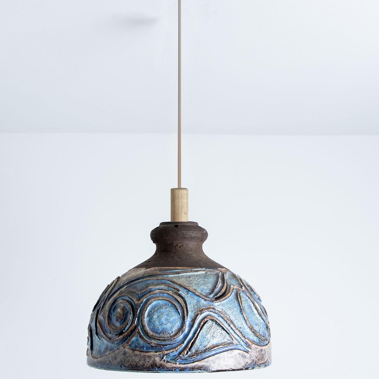 Other Bulb Brown Blue Ceramic Pendant Light, Denmark, 1970 For Sale