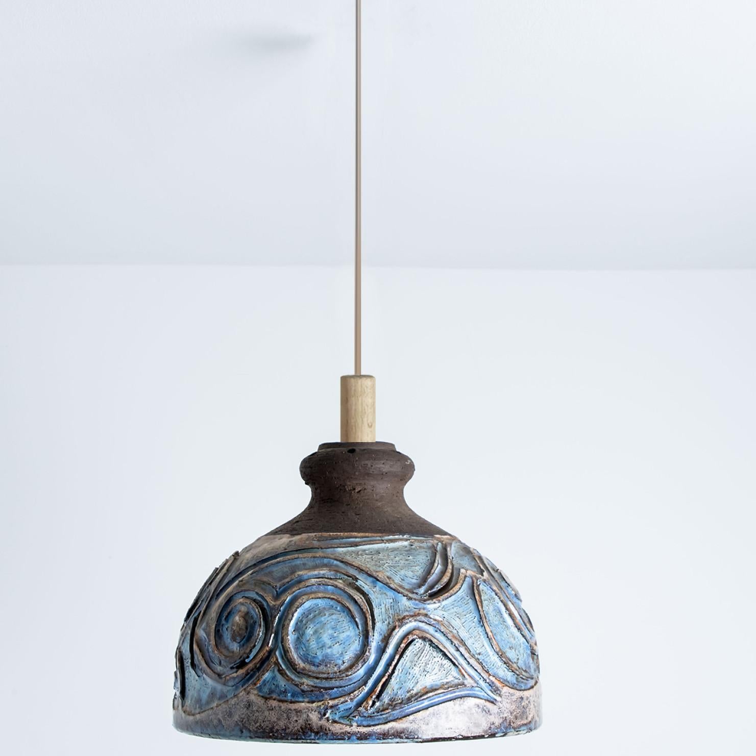 Danish Bulb Brown Blue Ceramic Pendant Light, Denmark, 1970 For Sale