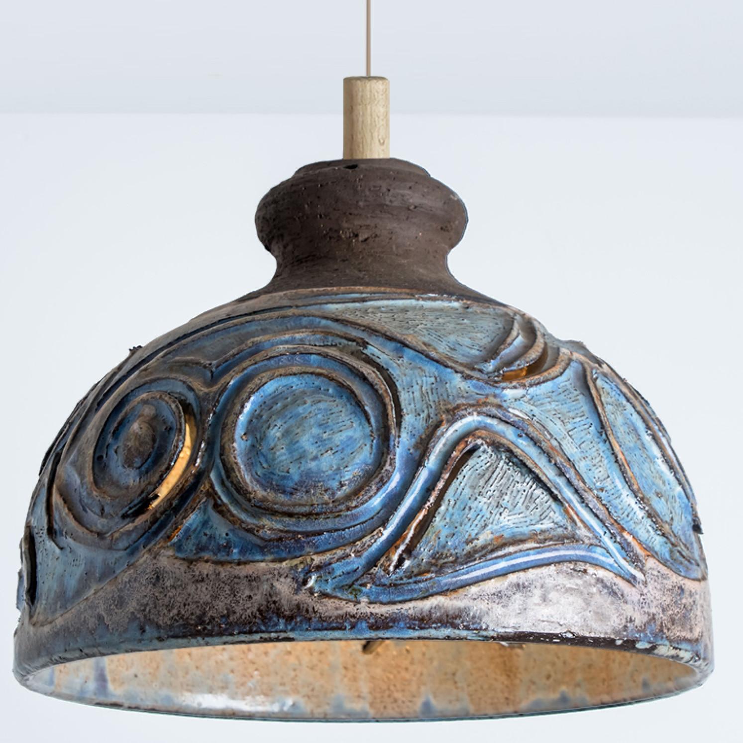 Bulb Brown Blue Ceramic Pendant Light, Denmark, 1970 In Good Condition For Sale In Rijssen, NL