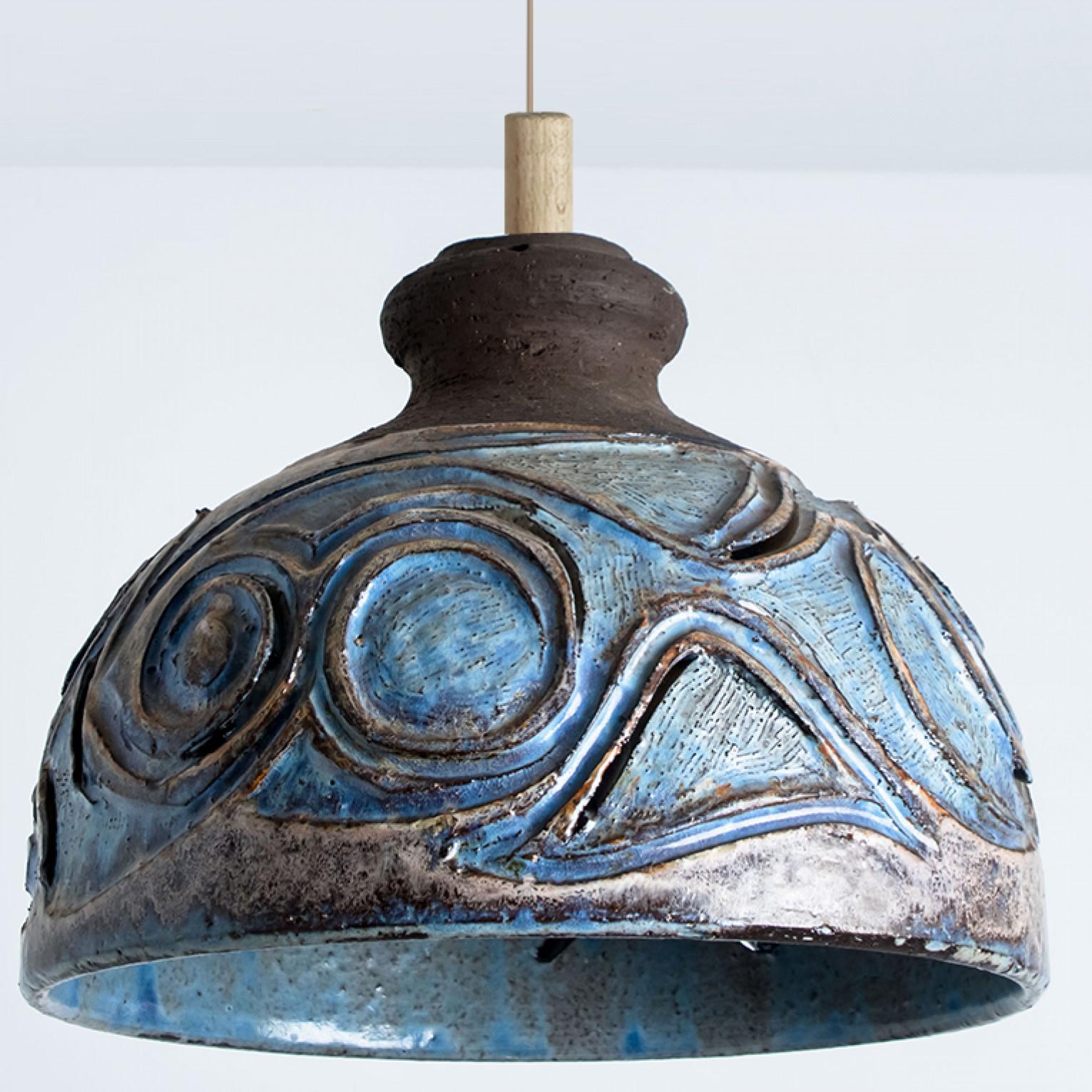 Bulb Brown Blue Ceramic Pendant Light, Denmark, 1970 In Good Condition For Sale In Rijssen, NL
