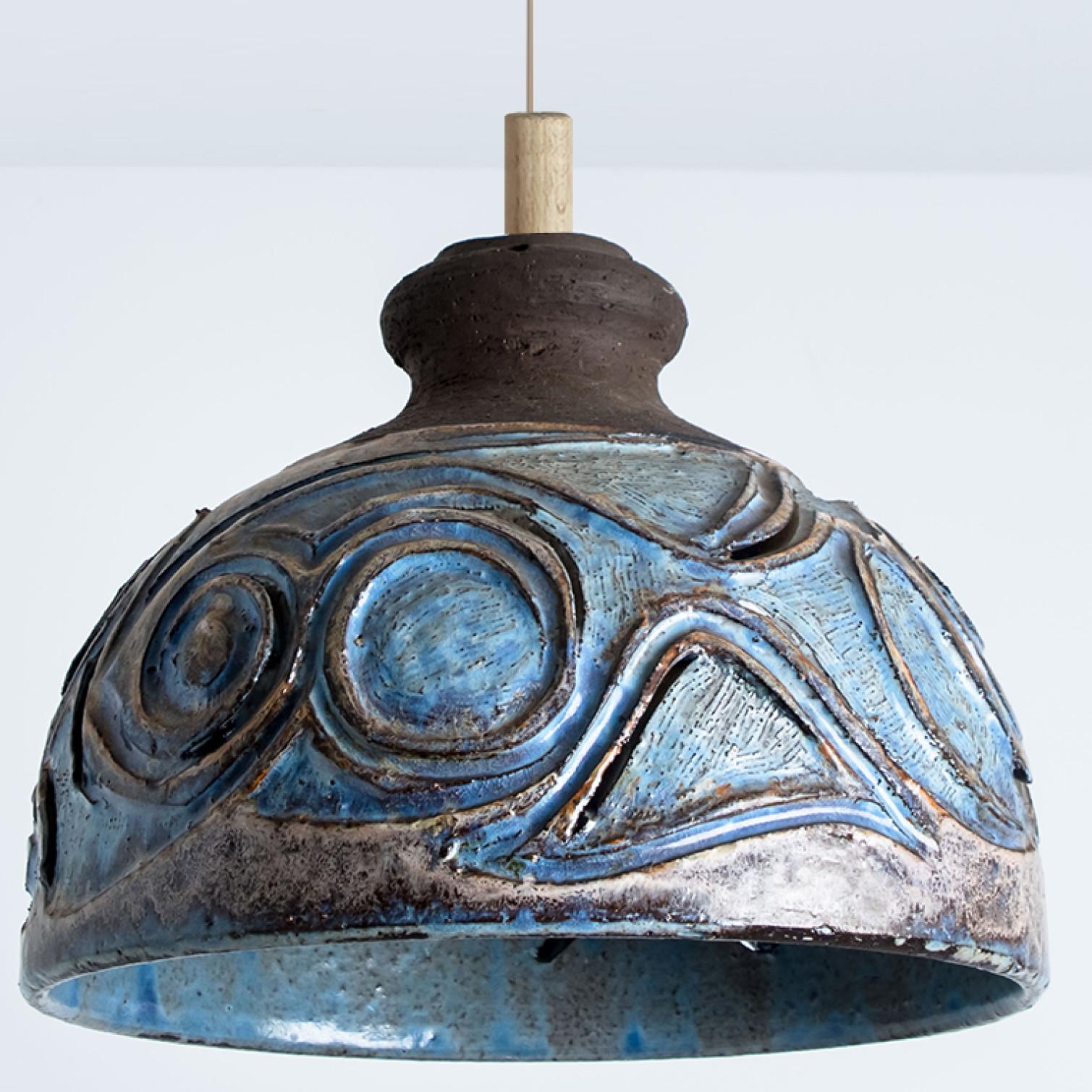 Late 20th Century Bulb Brown Blue Ceramic Pendant Light, Denmark, 1970 For Sale