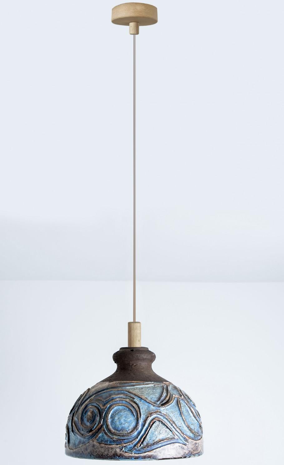 Bulb Brown Blue Ceramic Pendant Light, Denmark, 1970 For Sale 1