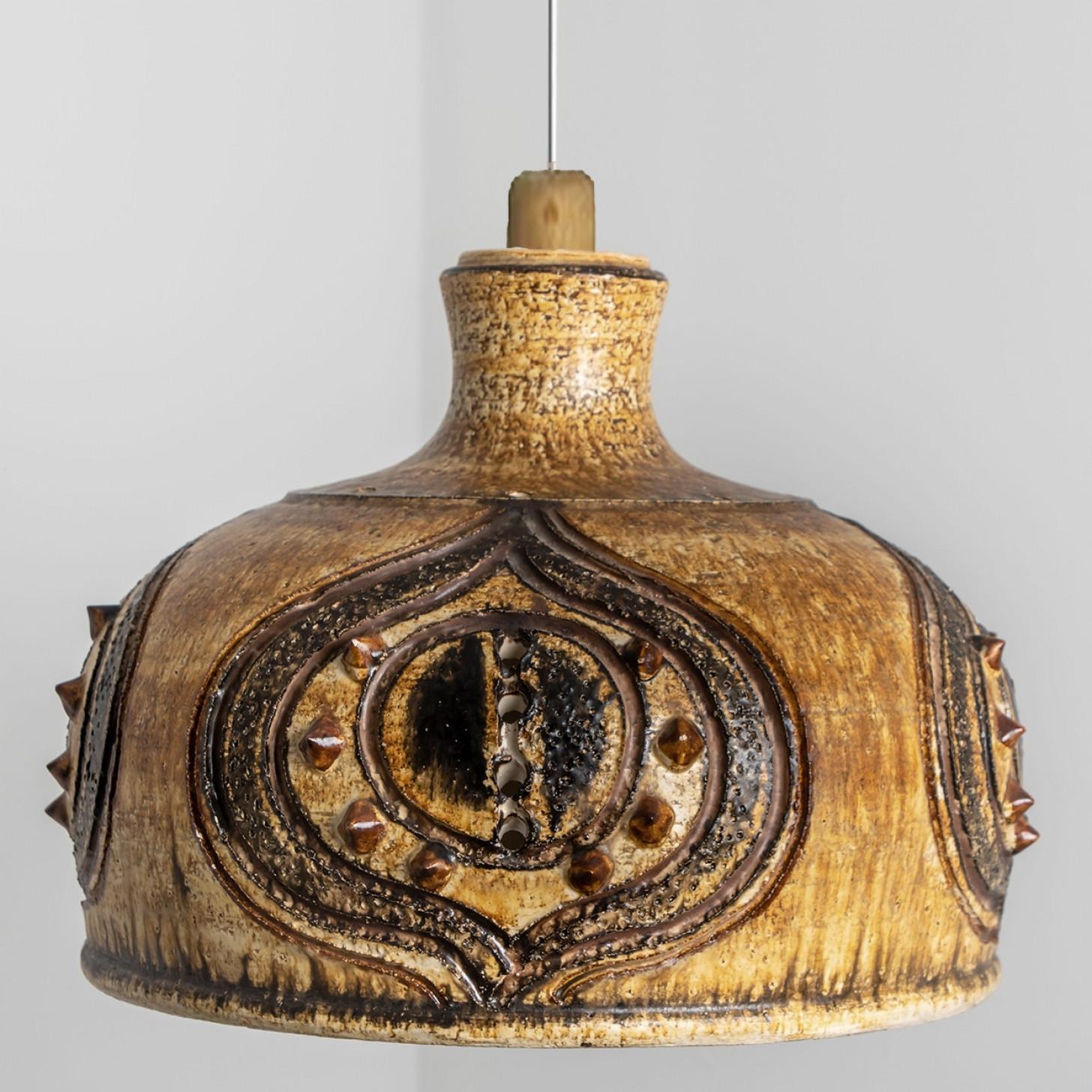 Other Bulb Brown Yellow Terra Ceramic Pendant Light, Denmark, 1970 For Sale