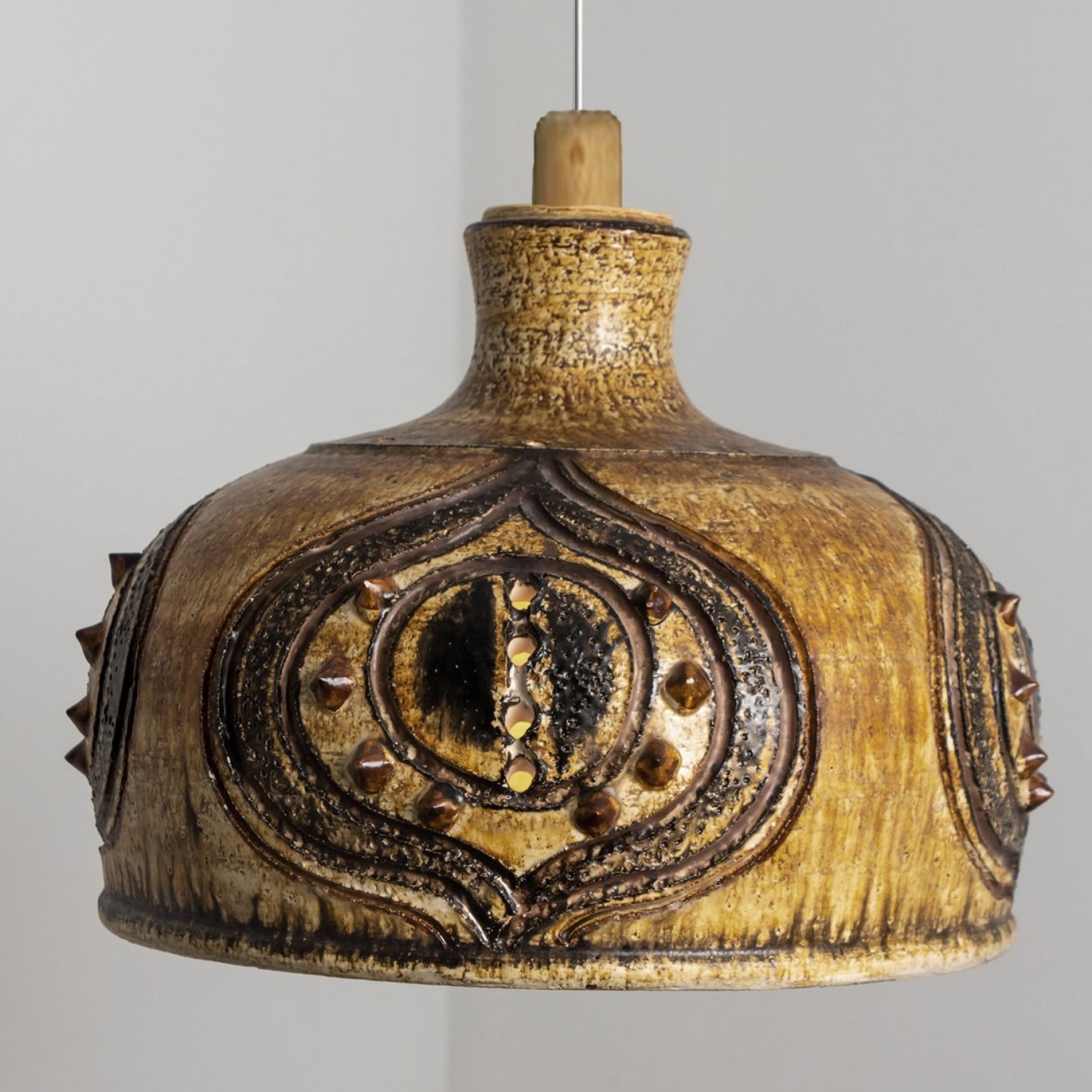 Bulb Brown Yellow Terra Ceramic Pendant Light, Denmark, 1970 For Sale 1