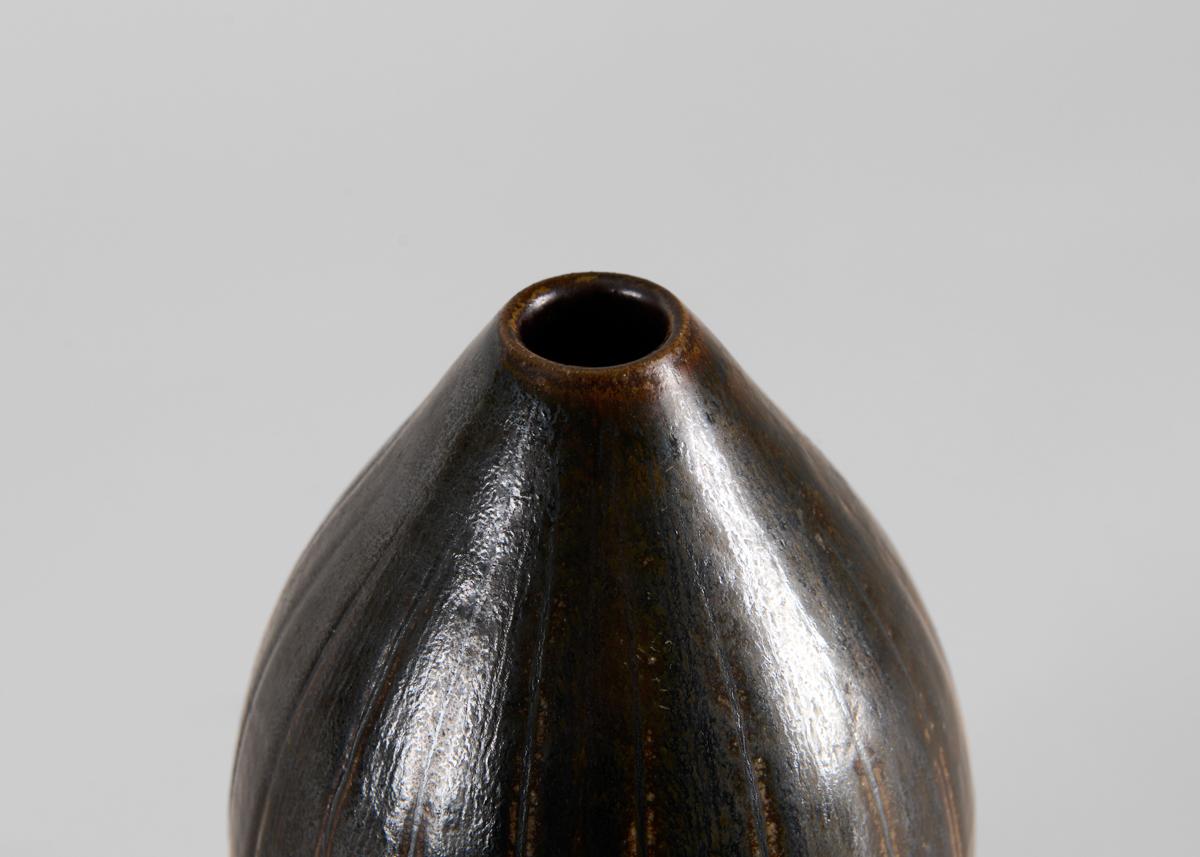 Swedish Bulb-Shaped Vase with Dark Brown Glaze, Wallåkra, Sweden, 1960s For Sale