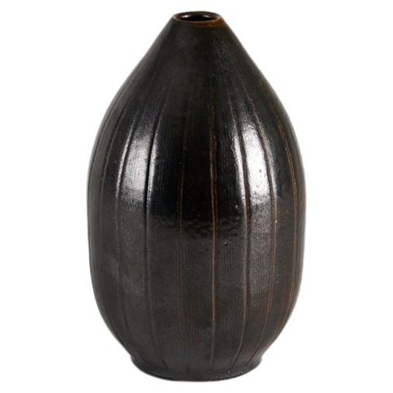 BulbShaped Vase with Dark Brown Glaze, Wallåkra, Sweden, 1960s For