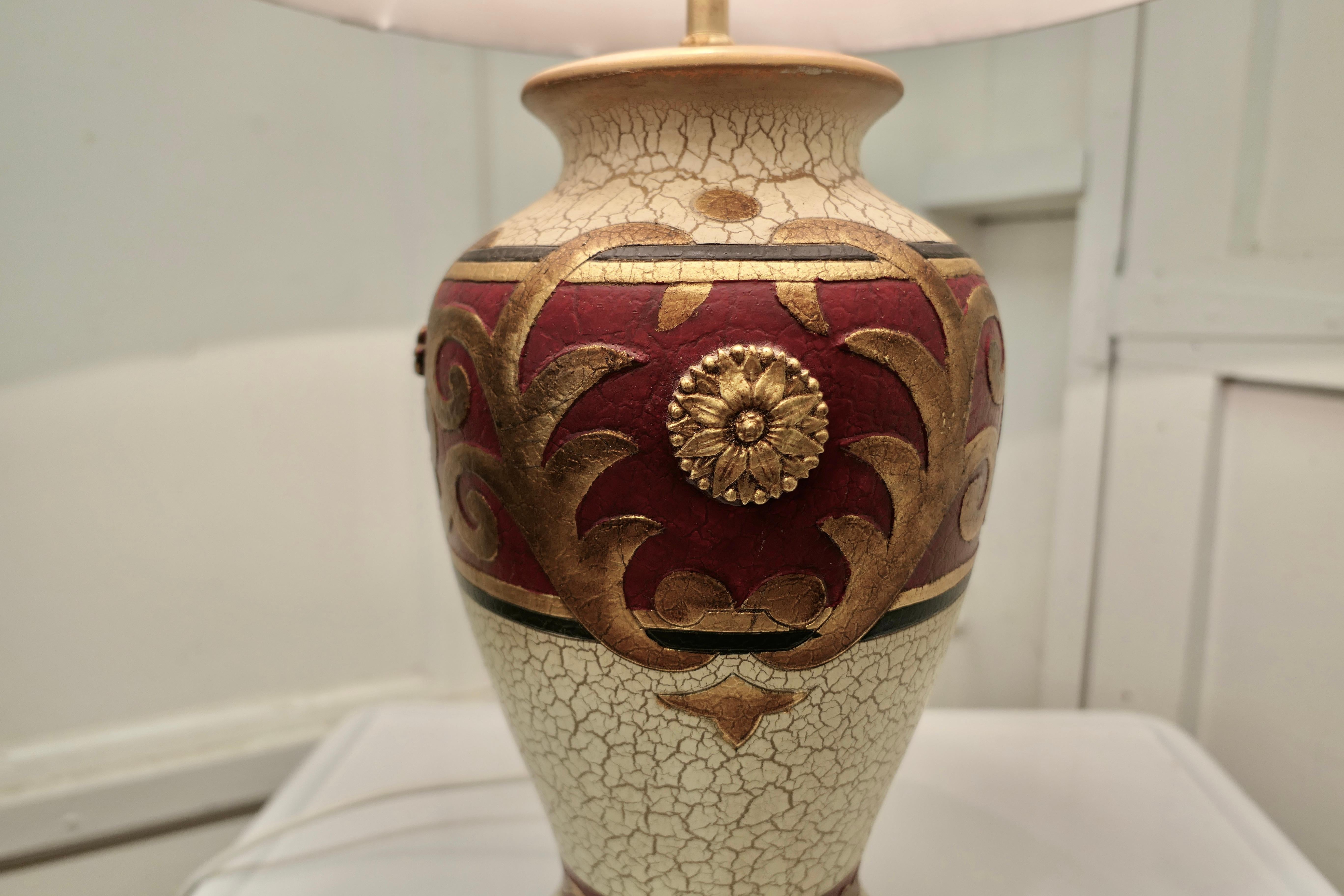 Pottery Bulbous Folk Art Painted Table Lamp For Sale