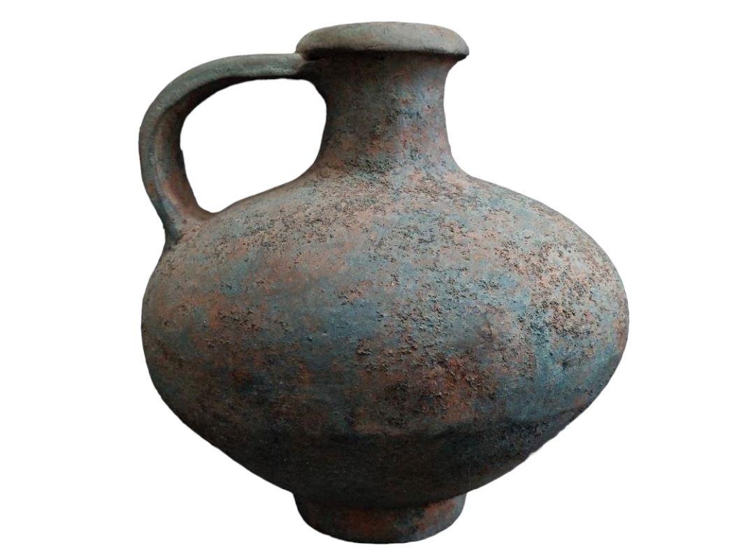 American Bulbous Terracotta Vase on Metal Stand