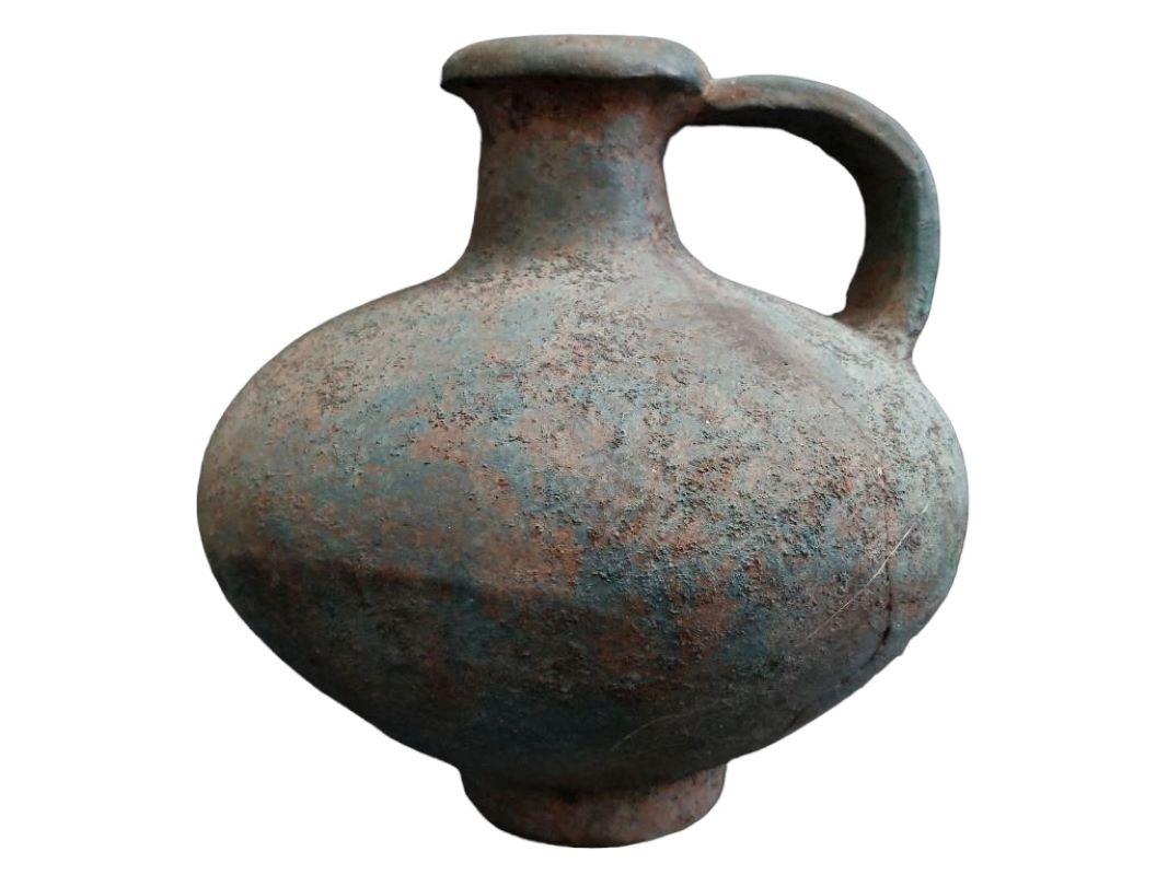 Mid-20th Century Bulbous Terracotta Vase on Metal Stand