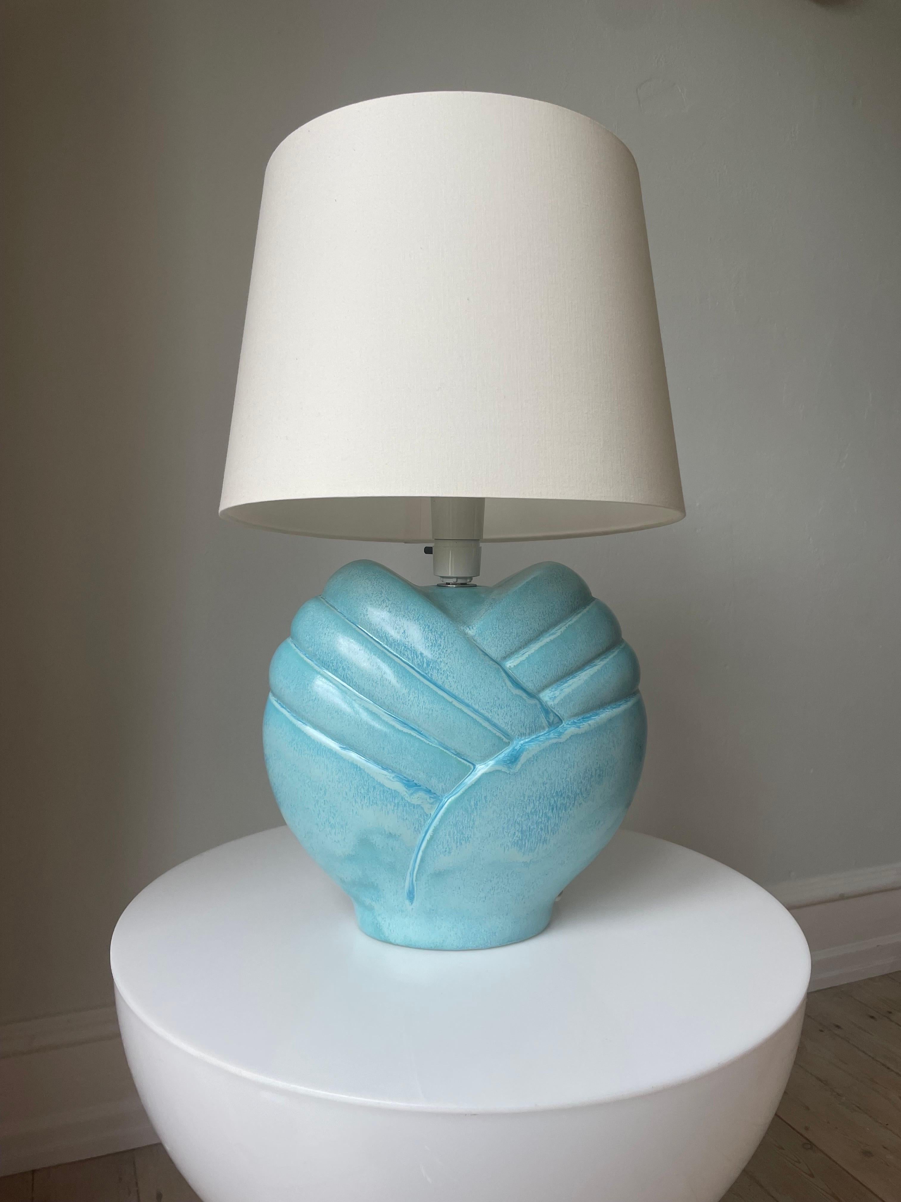 Glazed Vintage Bulbous Turquoise Blue Art Deco Style Table Lamp For Sale