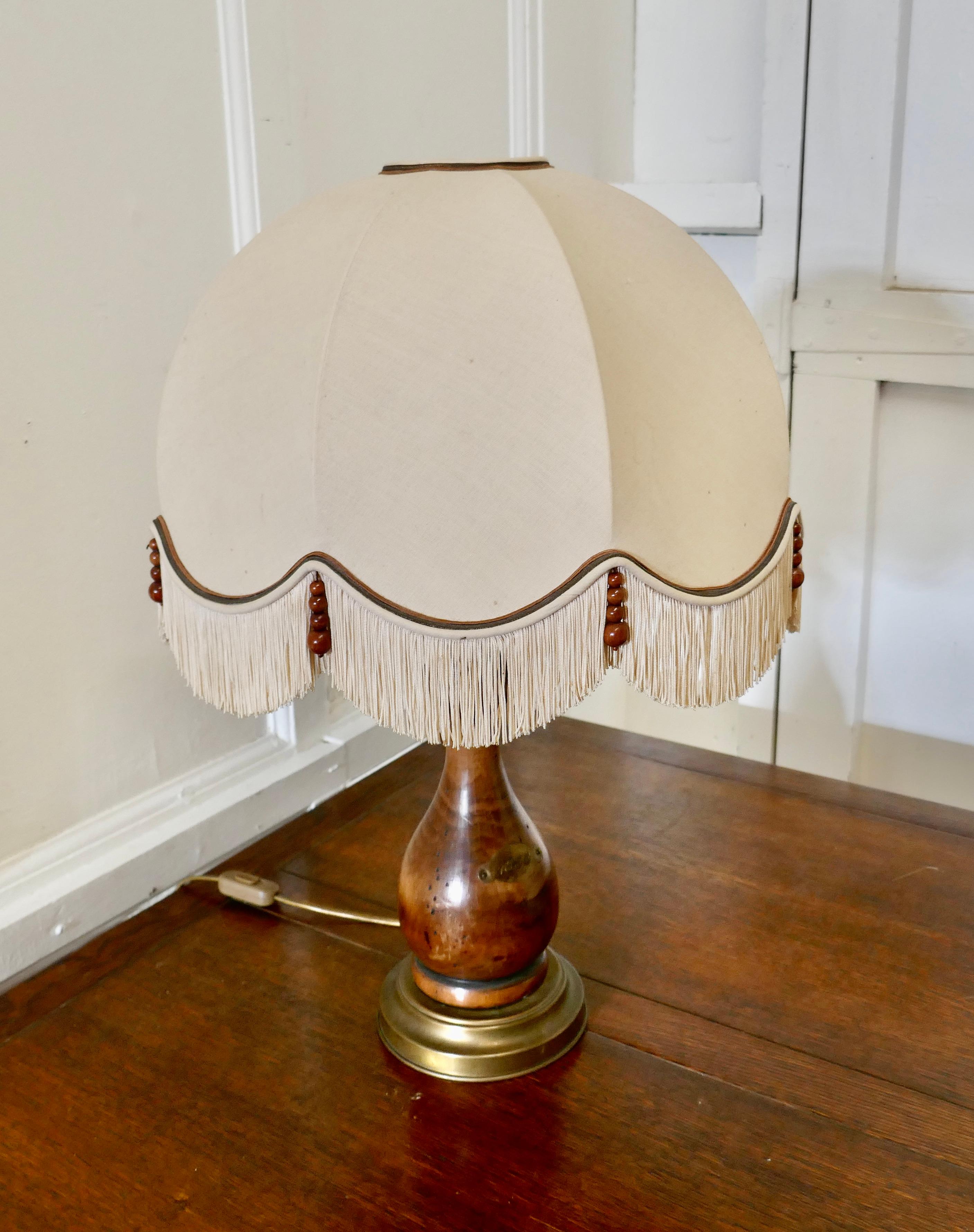 Fruitwood Bulbous Wood French Table Lamp with Dome Lampshade