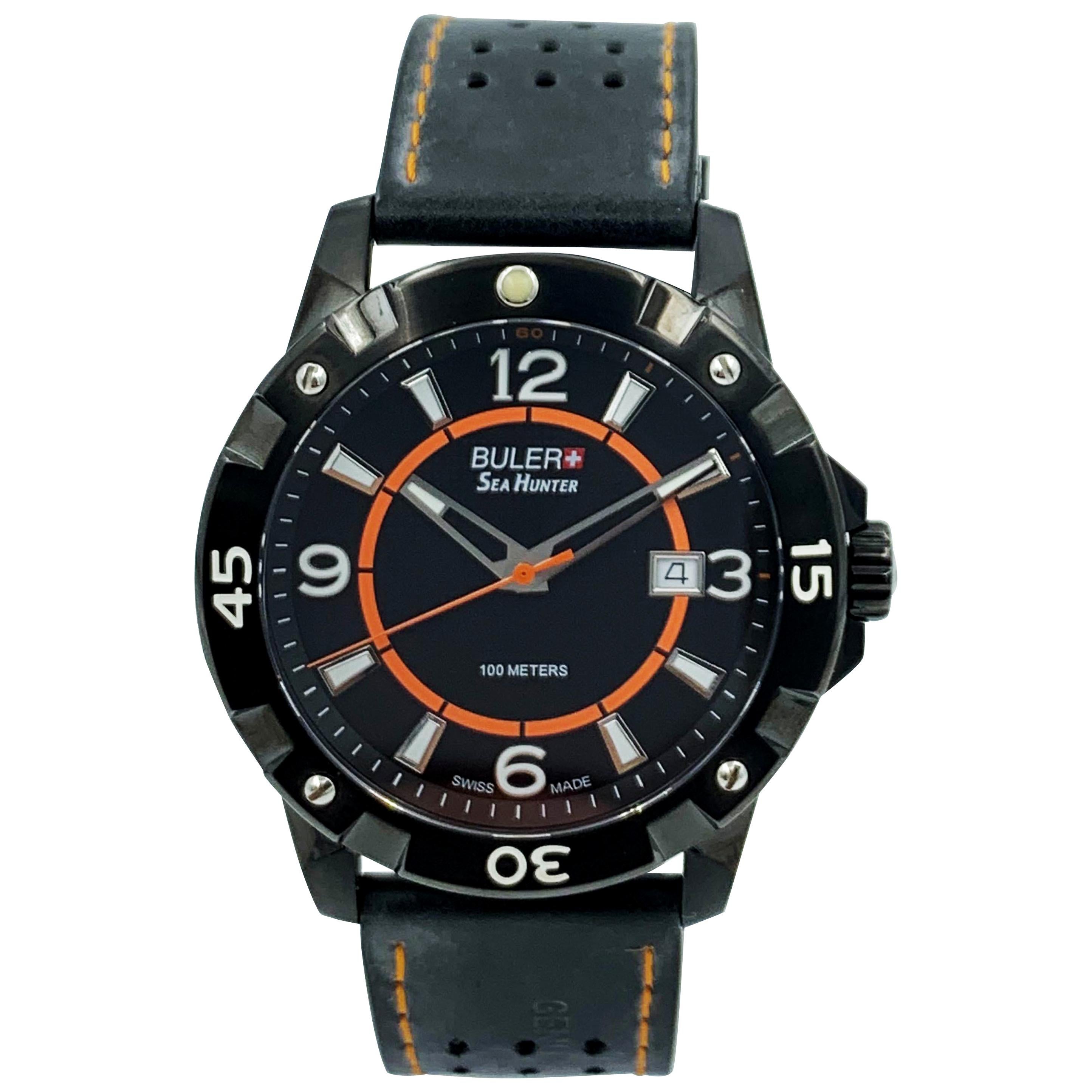 Buler Sea Hunter Stahl schwarzes Zifferblatt Lederarmband Quarz Herrenuhr 45141 im Angebot