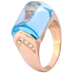 Bulgari 14.24 Carat Blue Topaz Diamond 18 Karat Gold Italian Tronchetto Ring