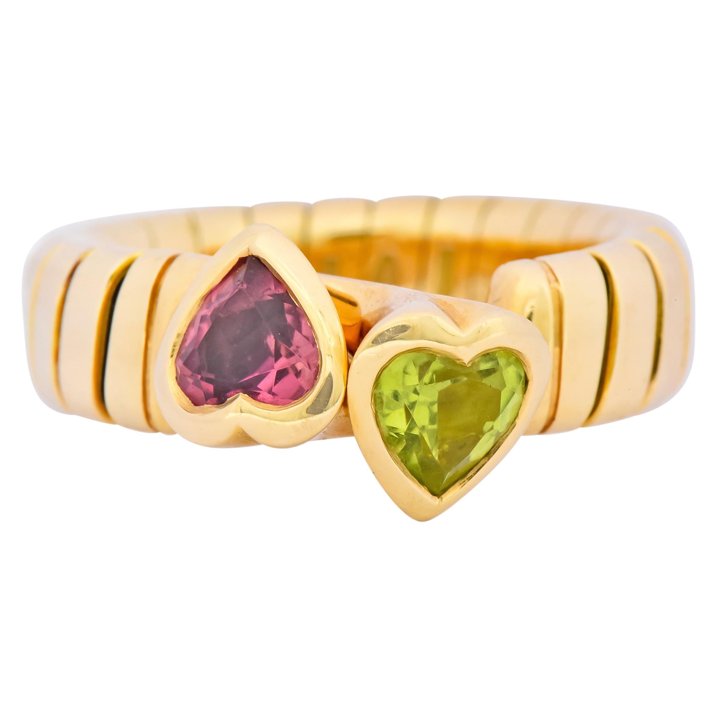 Bulgari 1.50 Carat Pink Tourmaline Peridot 18 Karat Yellow Gold Heart Ring