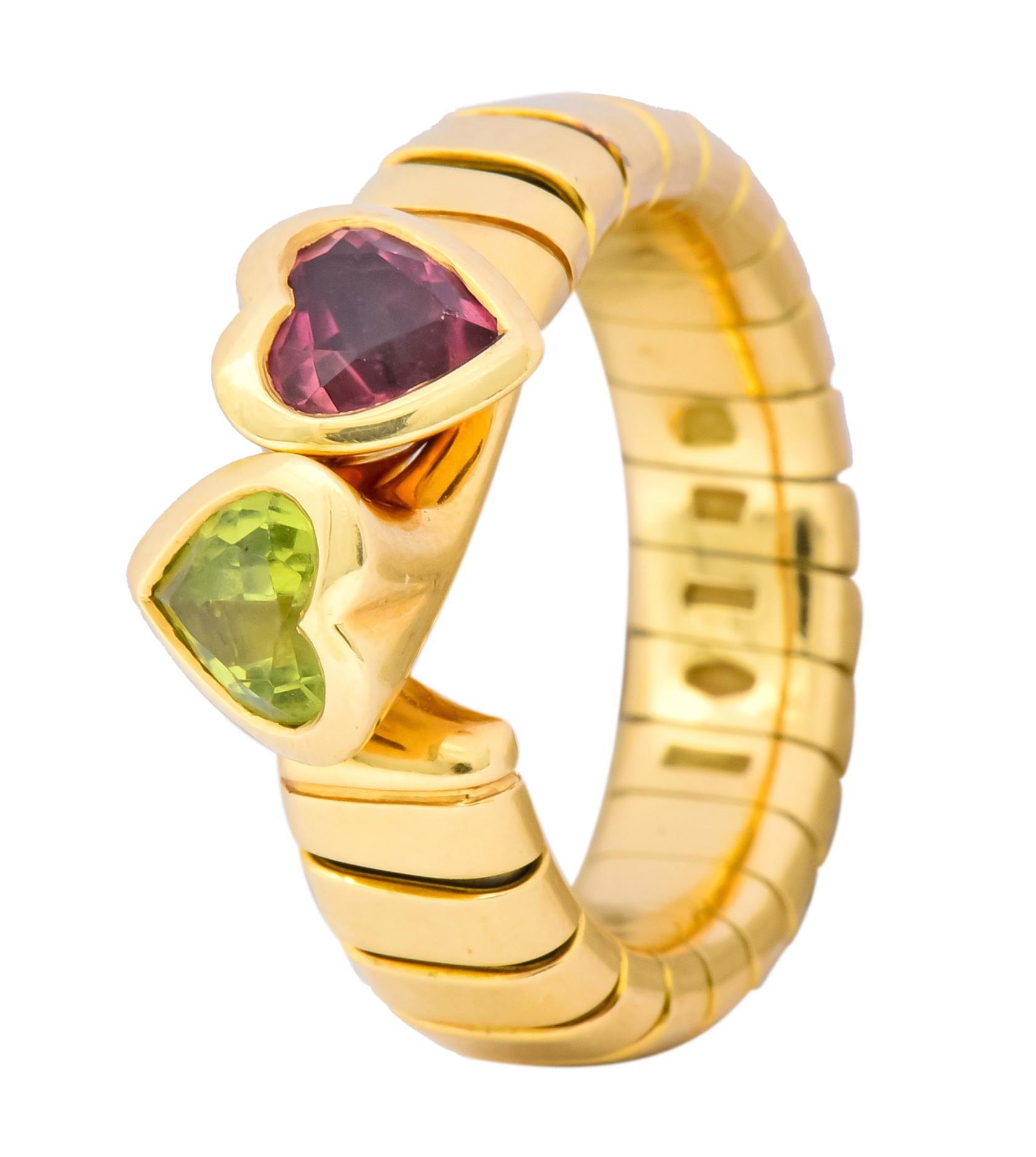 Bulgari 1.50 Carat Pink Tourmaline Peridot 18 Karat Yellow Gold Heart Ring 3