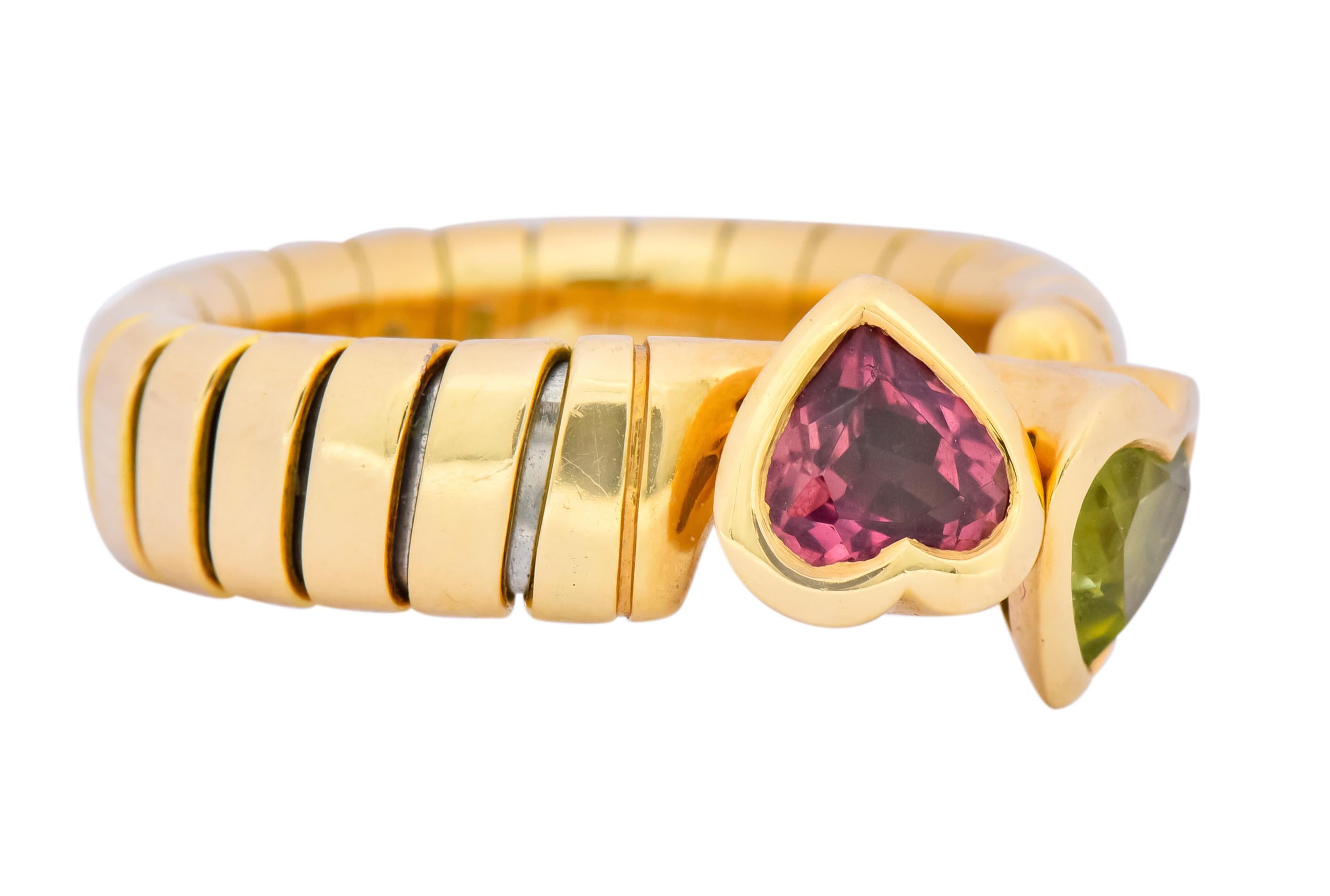 Contemporary Bulgari 1.50 Carat Pink Tourmaline Peridot 18 Karat Yellow Gold Heart Ring