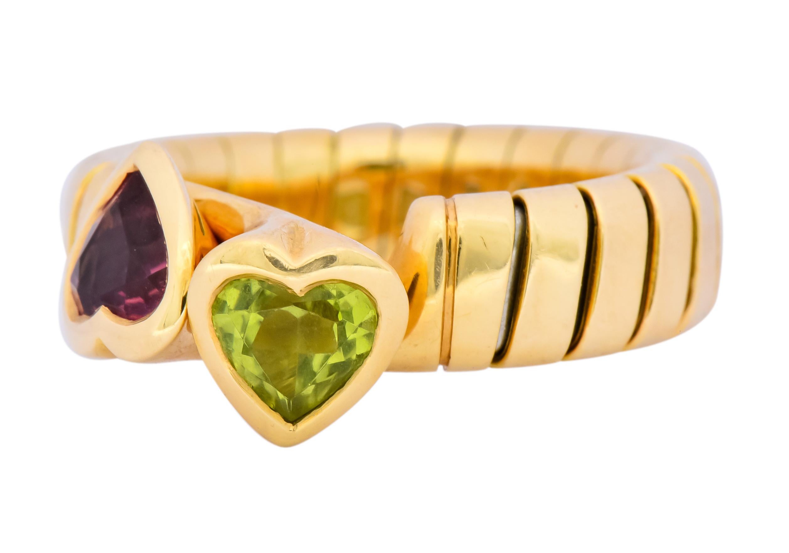 Bulgari 1.50 Carat Pink Tourmaline Peridot 18 Karat Yellow Gold Heart Ring 1