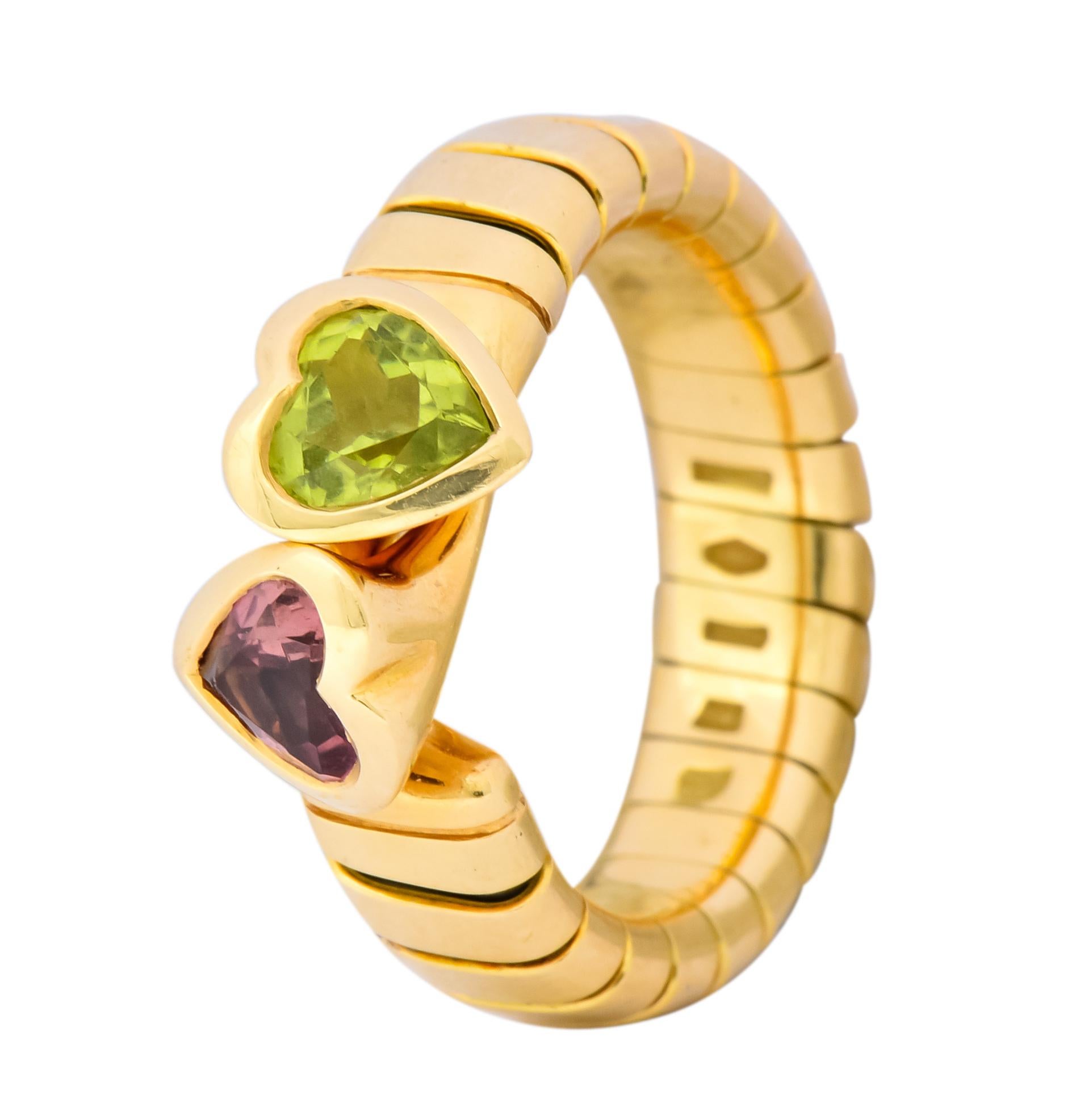 Bulgari 1.50 Carat Pink Tourmaline Peridot 18 Karat Yellow Gold Heart Ring 2