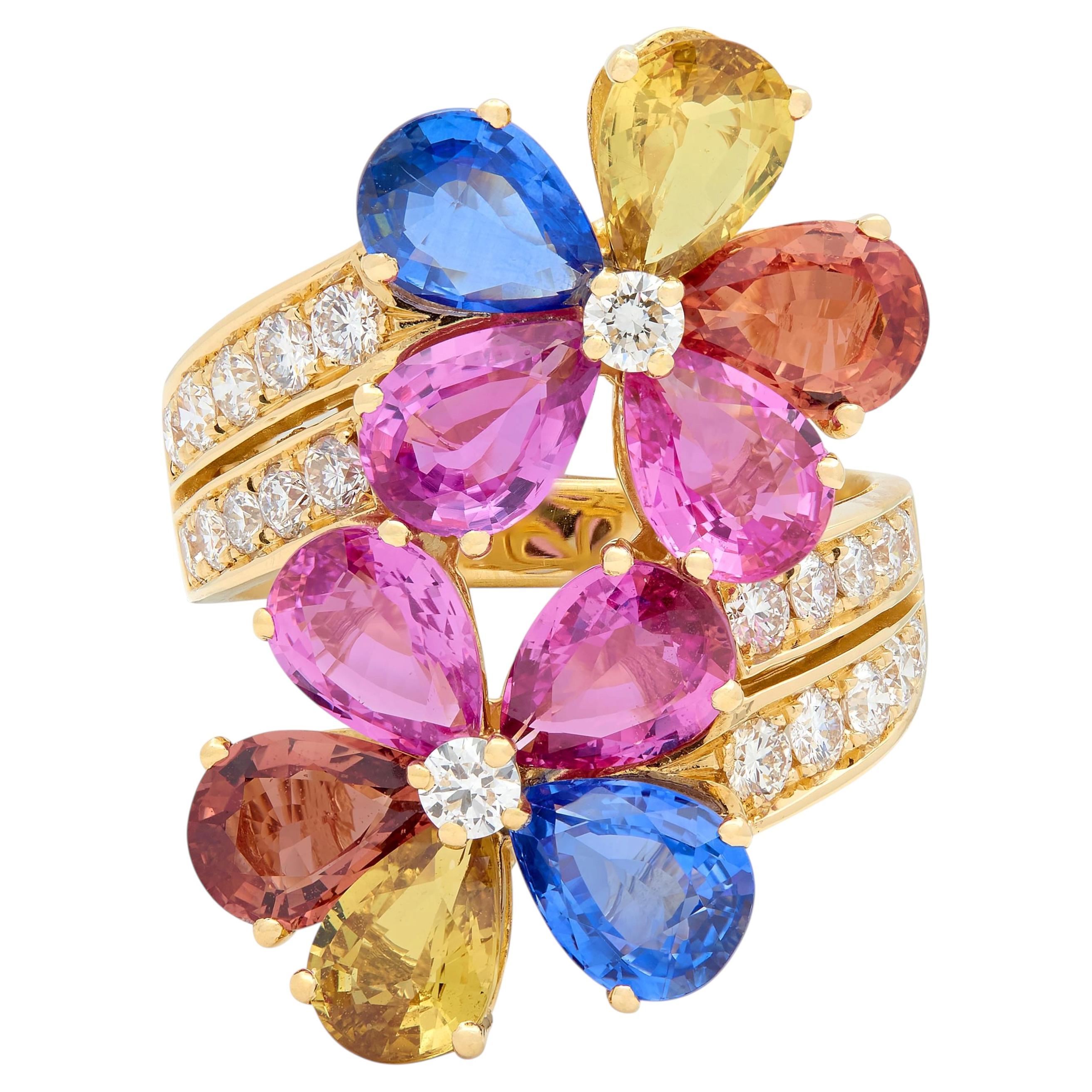 Bulgari 17.26 CTW Diamond Sapphire Flower 18K Yellow Gold Floral Bypass Ring