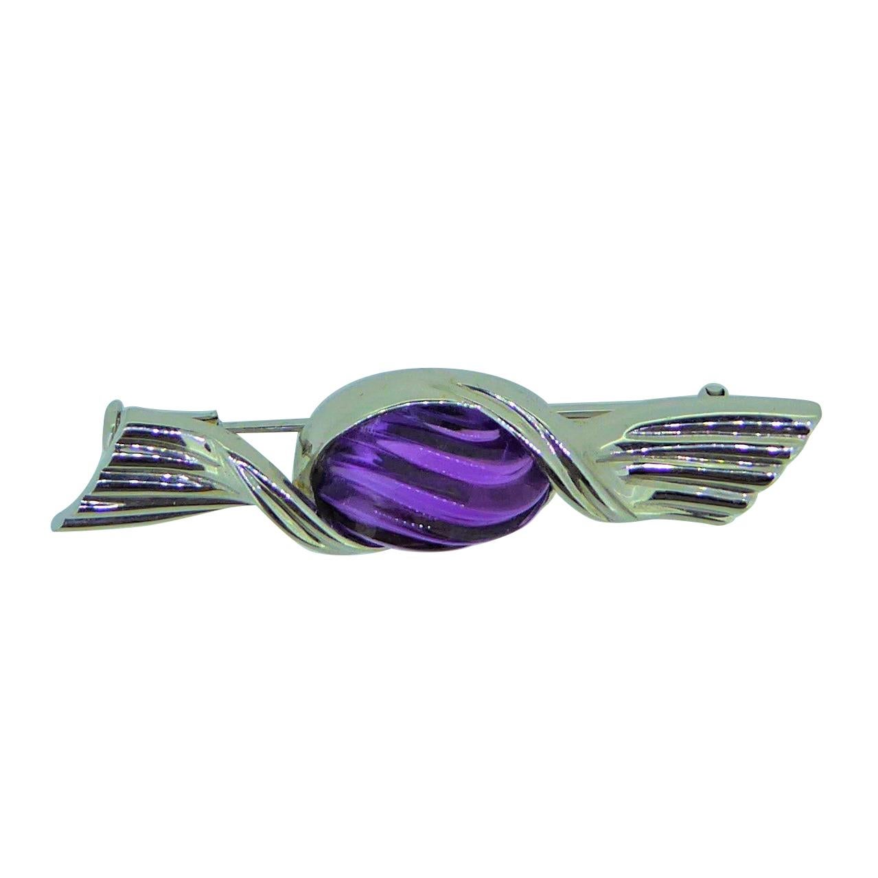 Bulgari 18 Carat White Gold and Amethyst Sweet Wrapper Brooch For Sale