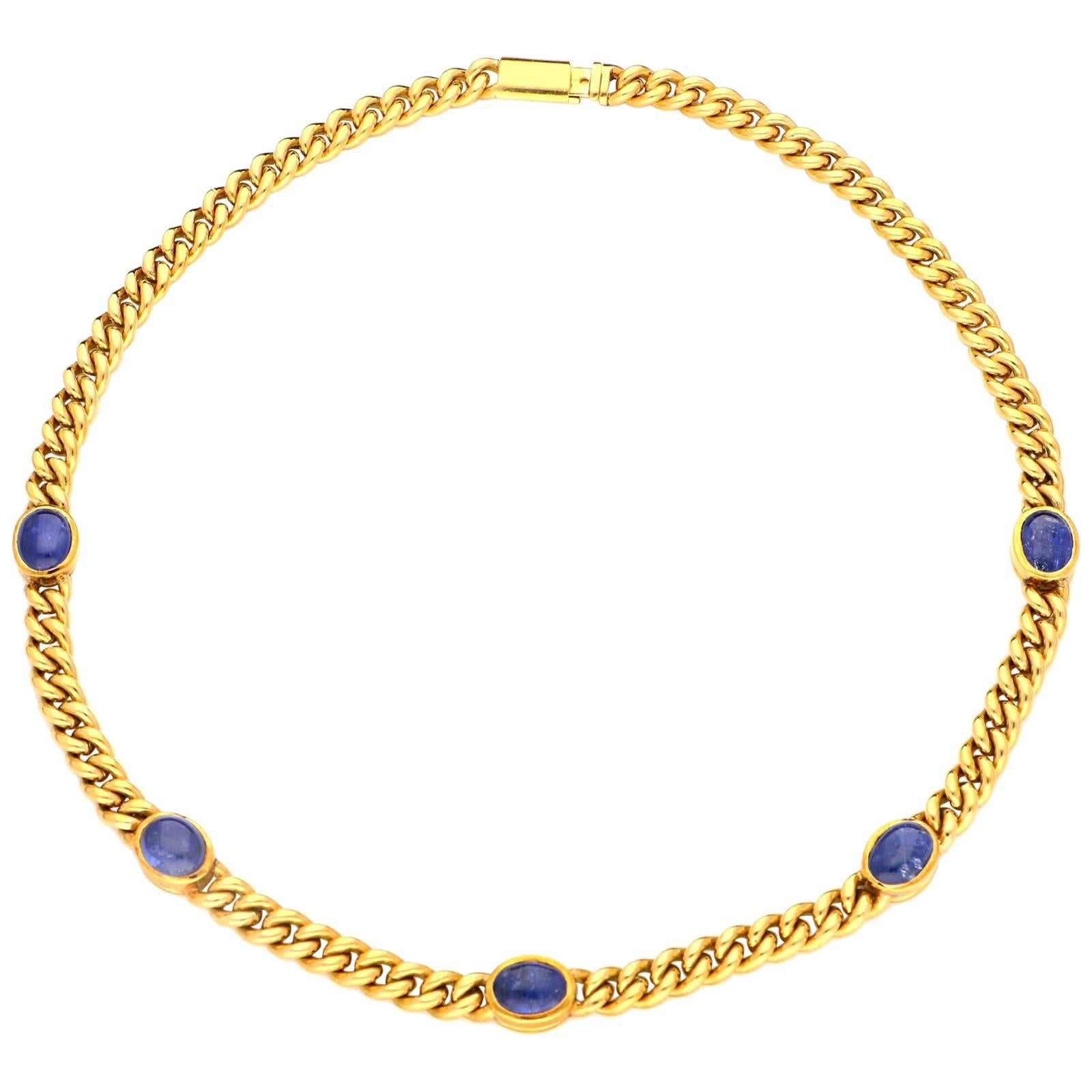 Bulgari 18 Carat Yellow Gold Curb Link Chain Set with Sapphire Oval Cabochons