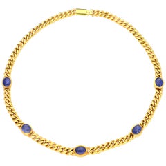 Vintage Bulgari 18 Carat Yellow Gold Curb Link Chain Set with Sapphire Oval Cabochons