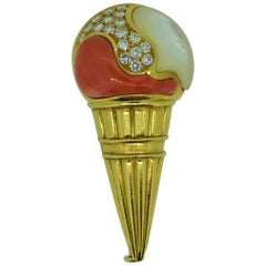 Retro Bulgari 18 Carat Yellow Gold Diamond, Coral and Mother of Pearl Ice Cream Brooch