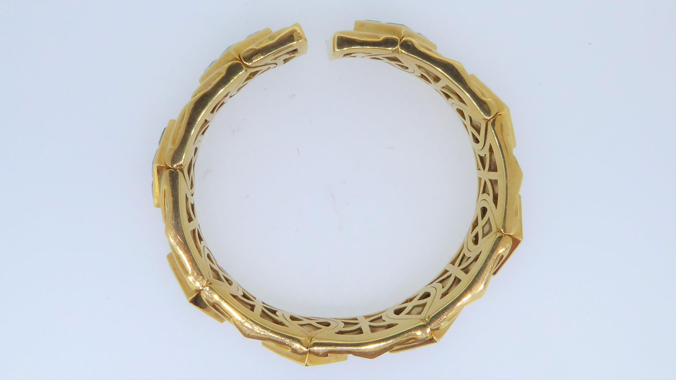 Asscher Cut Bulgari 18 Carat Yellow Gold Multi-Gem and Diamond Carré Bracelet Bangle
