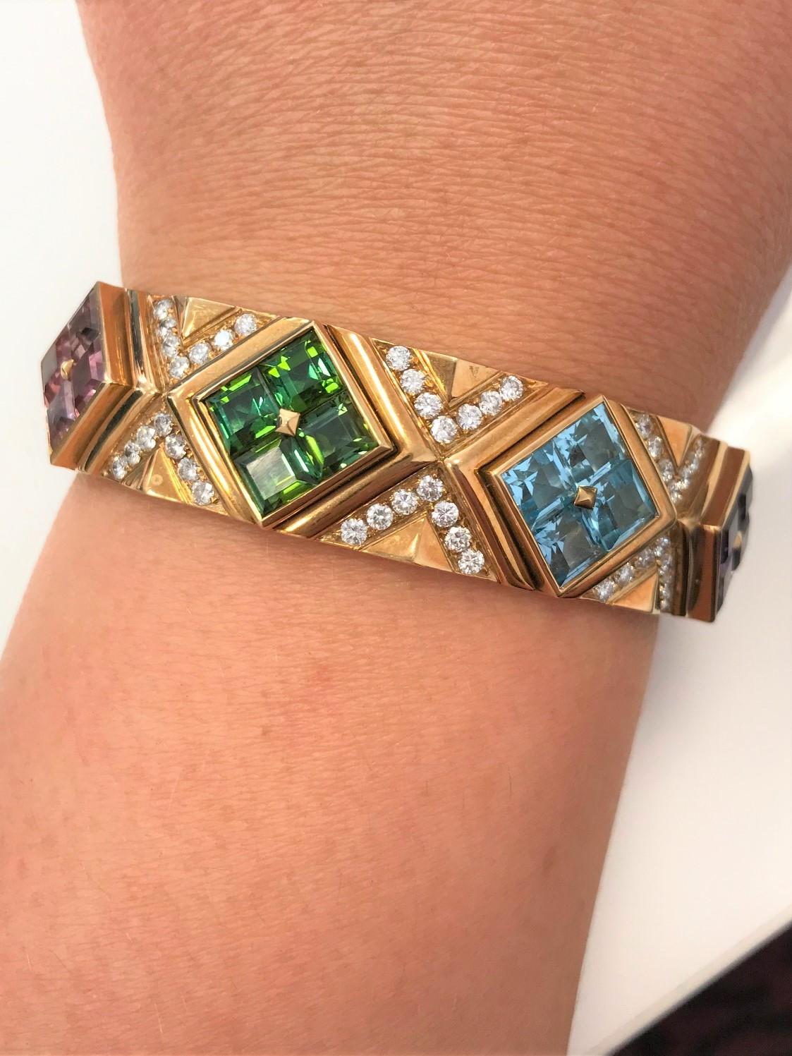 Bulgari 18 Carat Yellow Gold Multi-Gem and Diamond Carré Bracelet Bangle In Good Condition In London, GB