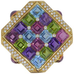 Bulgari 18 Carat Yellow Gold Multi-Gem and Diamond Carré Brooch