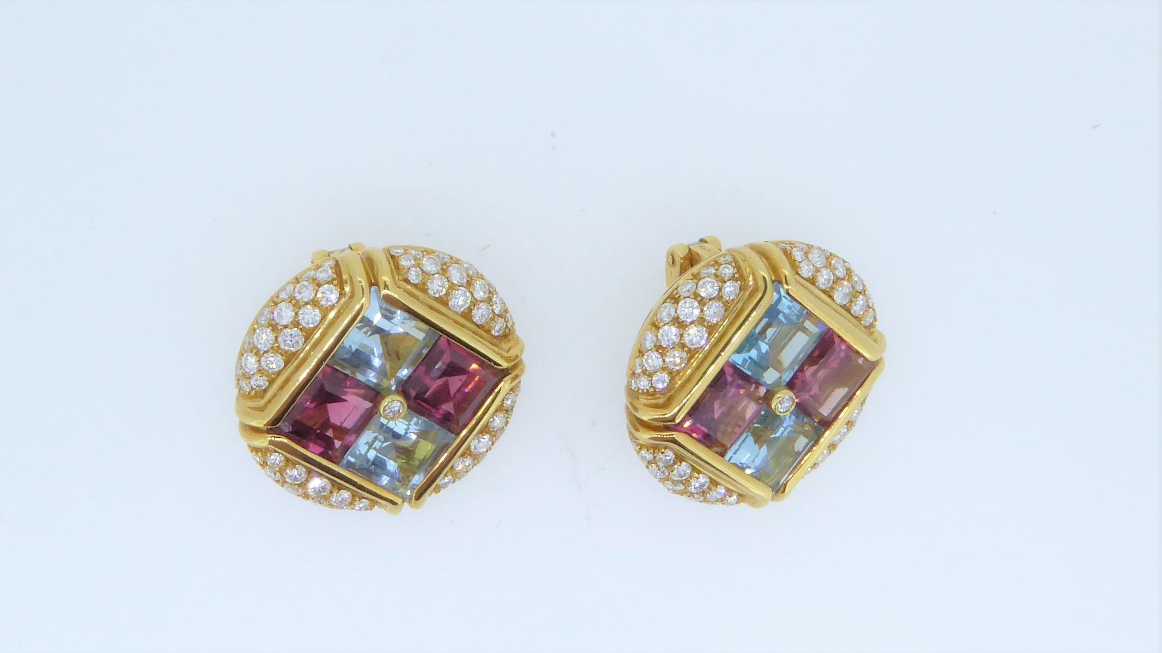 Bulgari 18 Carat Yellow Gold Multi-Gem and Diamond Carré Earrings Earclips In Good Condition In London, GB