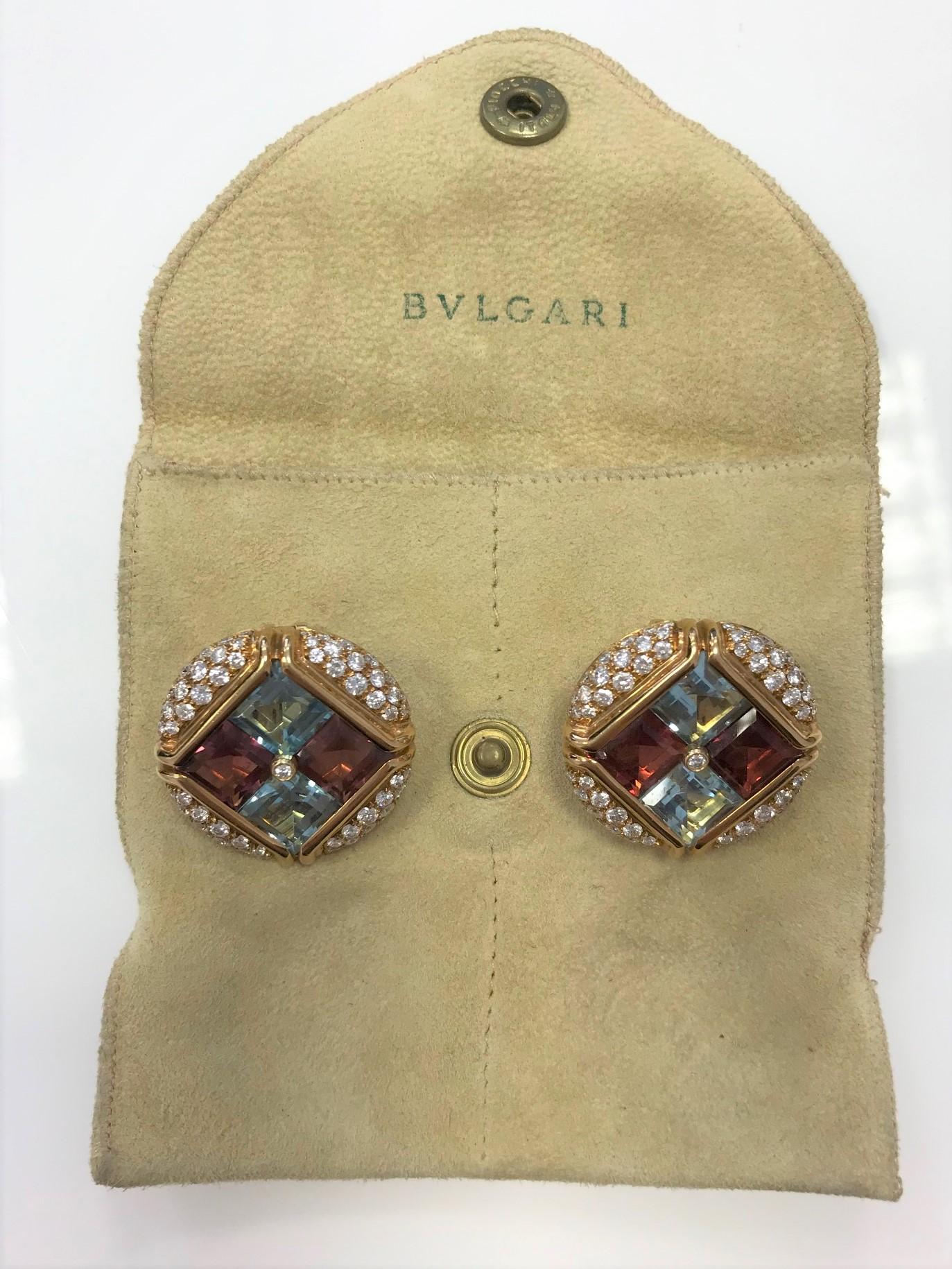 Bulgari 18 Carat Yellow Gold Multi-Gem and Diamond Carré Earrings Earclips 1