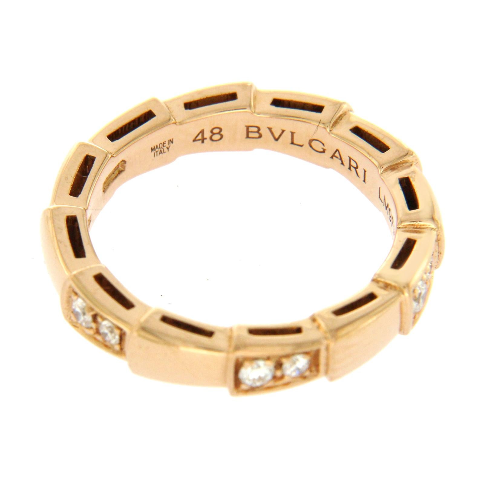 Type: Ring
Top: 3.5 mm
Band Width: 3.5 mm
Metal: Rose Gold
Metal Purity: 18K
Size:4.5
Hallmarks: BVLGARI 750 48
Total Weight: 4.2 GramsStone 
Type: 0.25 CT & VVSI F Diamonds
Condition: Pre Owned
Stock Number: U55
Retail Price:$2450