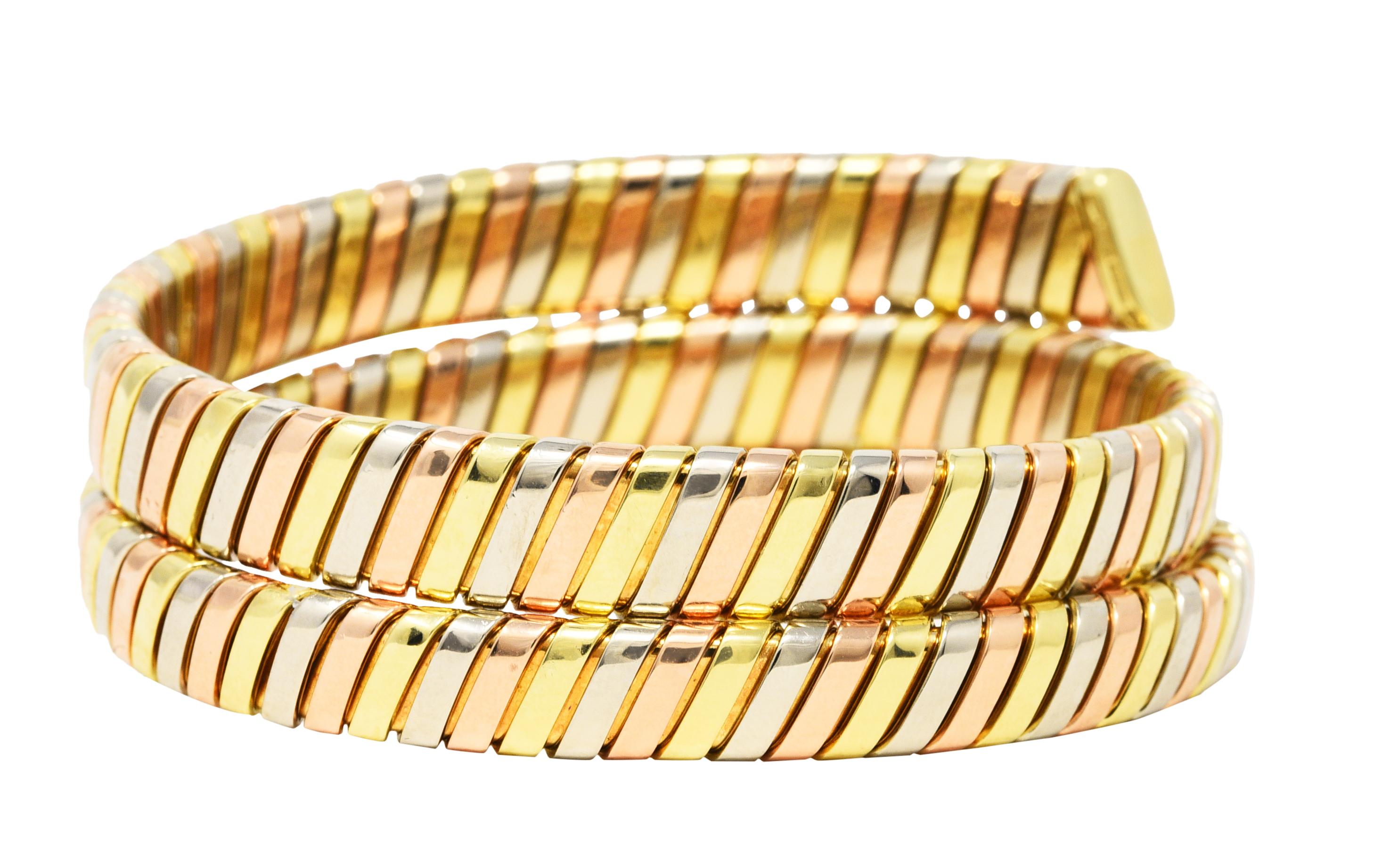Contemporary Bulgari 18 Karat Tri-Colored Yellow White Rose Gold Tubogas Serpenti Bracelet