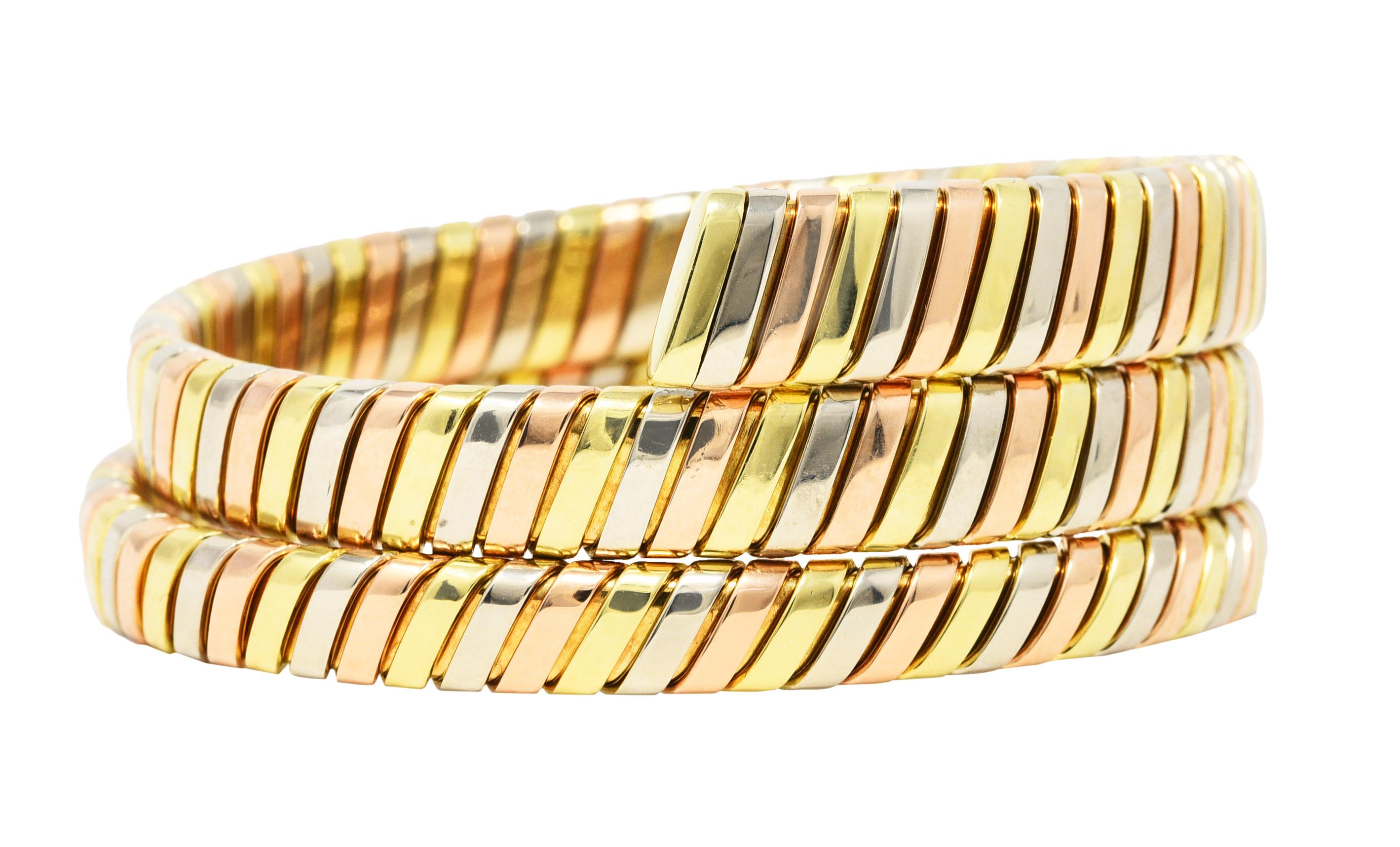 Bulgari 18 Karat Tri-Colored Yellow White Rose Gold Tubogas Serpenti Bracelet In Excellent Condition In Philadelphia, PA